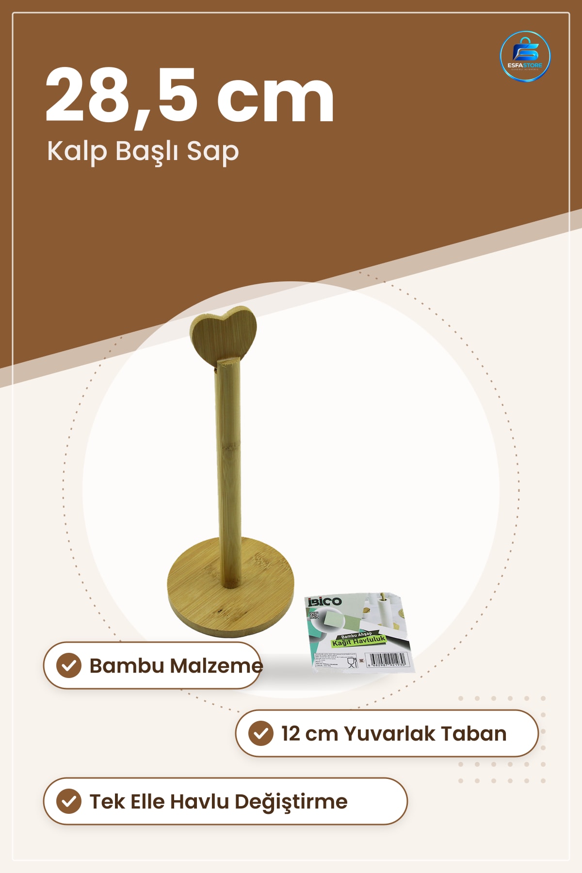 Kağıt Havluluk Bambu Yuvarlak Taban 12cm Kalp Sap 28,5 cm Mutfak Düzenleyici Dekoratif Havlu Standı