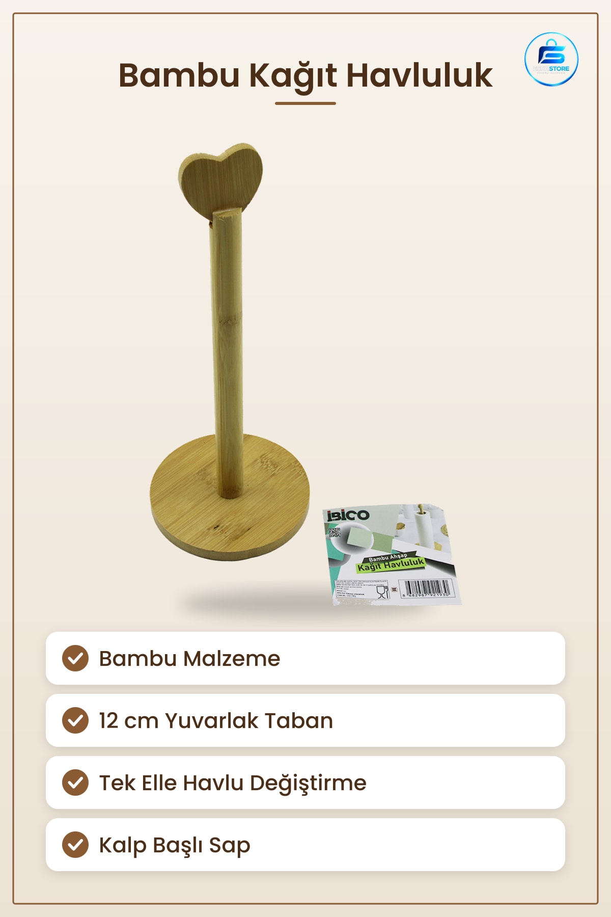 Kağıt Havluluk Bambu Yuvarlak Taban 12cm Kalp Sap 28,5 cm Mutfak Düzenleyici Dekoratif Havlu Standı