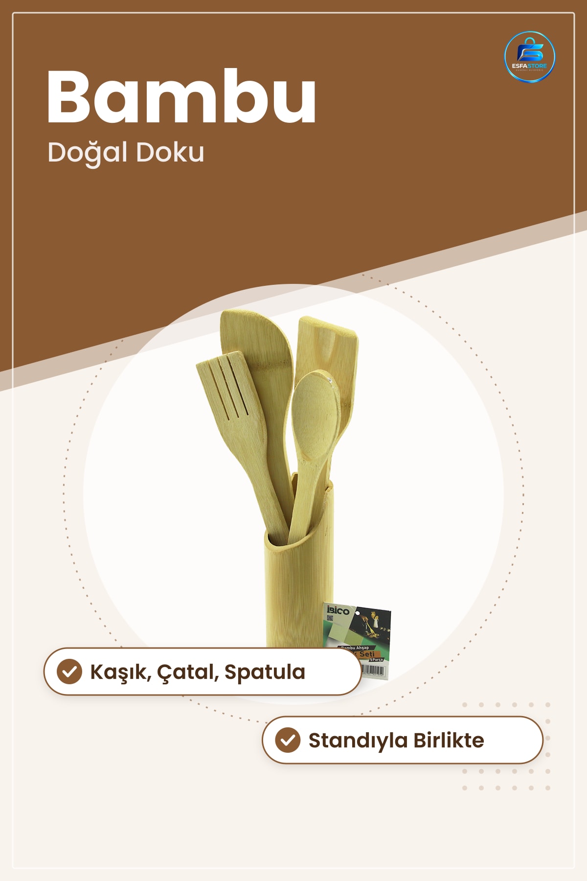 Ahşap Bambu Mutfak Servis Seti Kaşık Çatal Spatula Standı Doğal Yiyecek Hazırlık Tencere Dostu Sofra