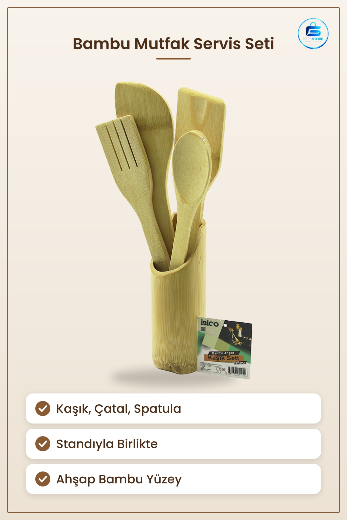 Ahşap Bambu Mutfak Servis Seti Kaşık Çatal Spatula Standı Doğal Yiyecek Hazırlık Tencere Dostu Sofra