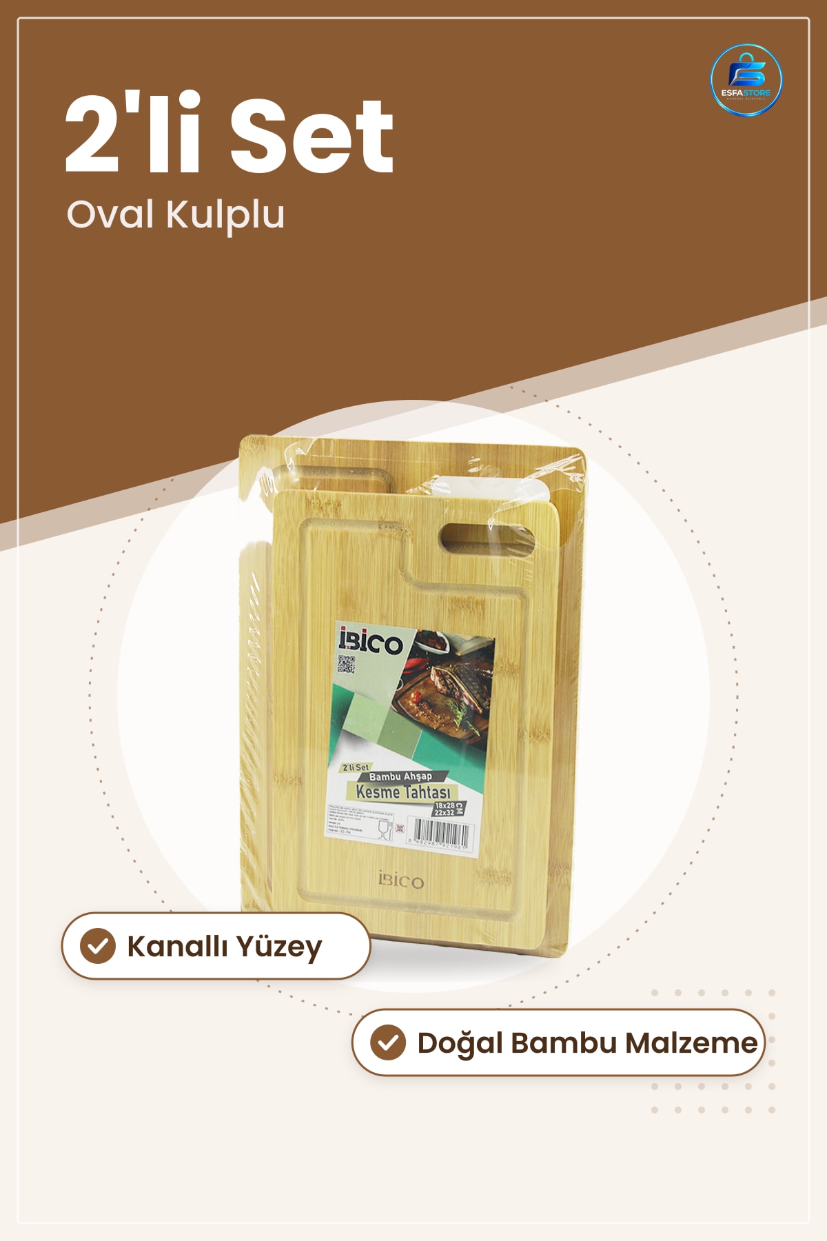 Bambu Kesme Tahtası 2li Set Oval Kulplu Mutfak Doğal Ahşap Kanallı Kesim Panosu Seti
