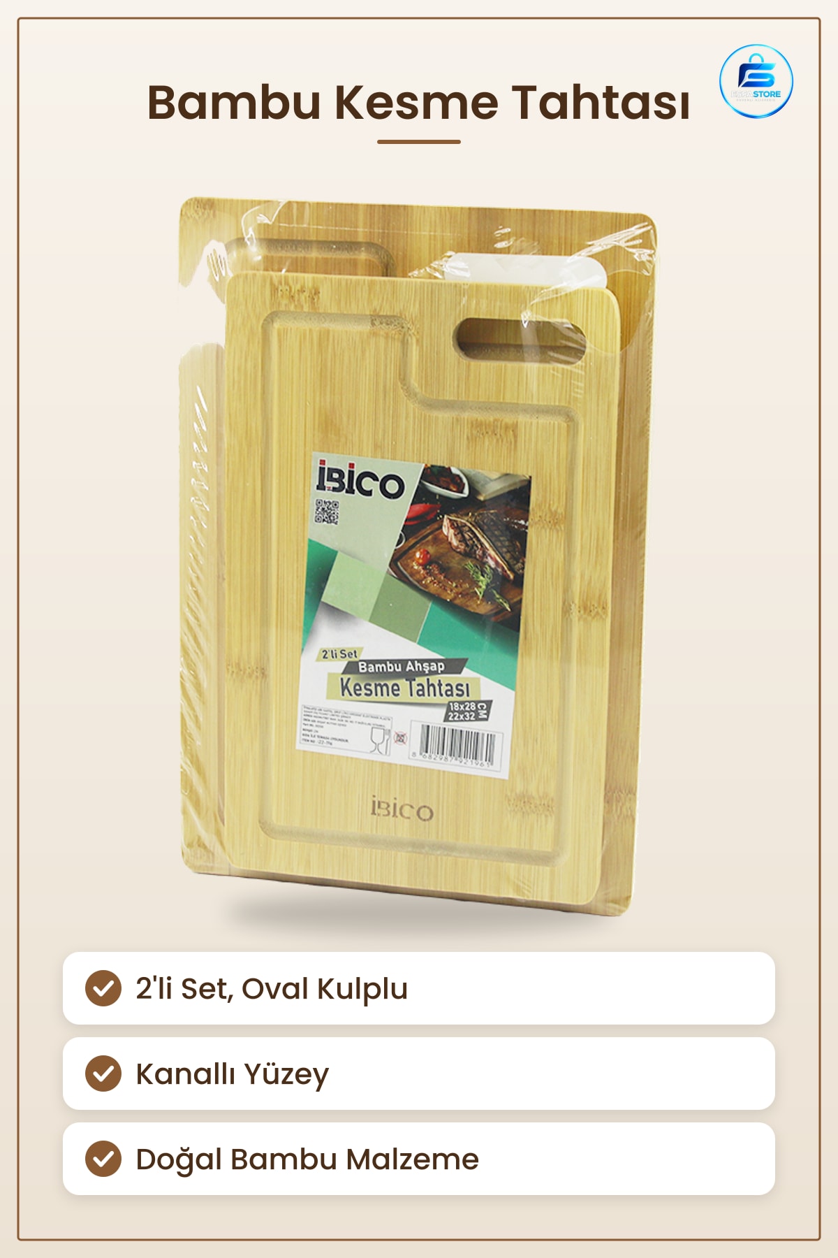 Bambu Kesme Tahtası 2li Set Oval Kulplu Mutfak Doğal Ahşap Kanallı Kesim Panosu Seti