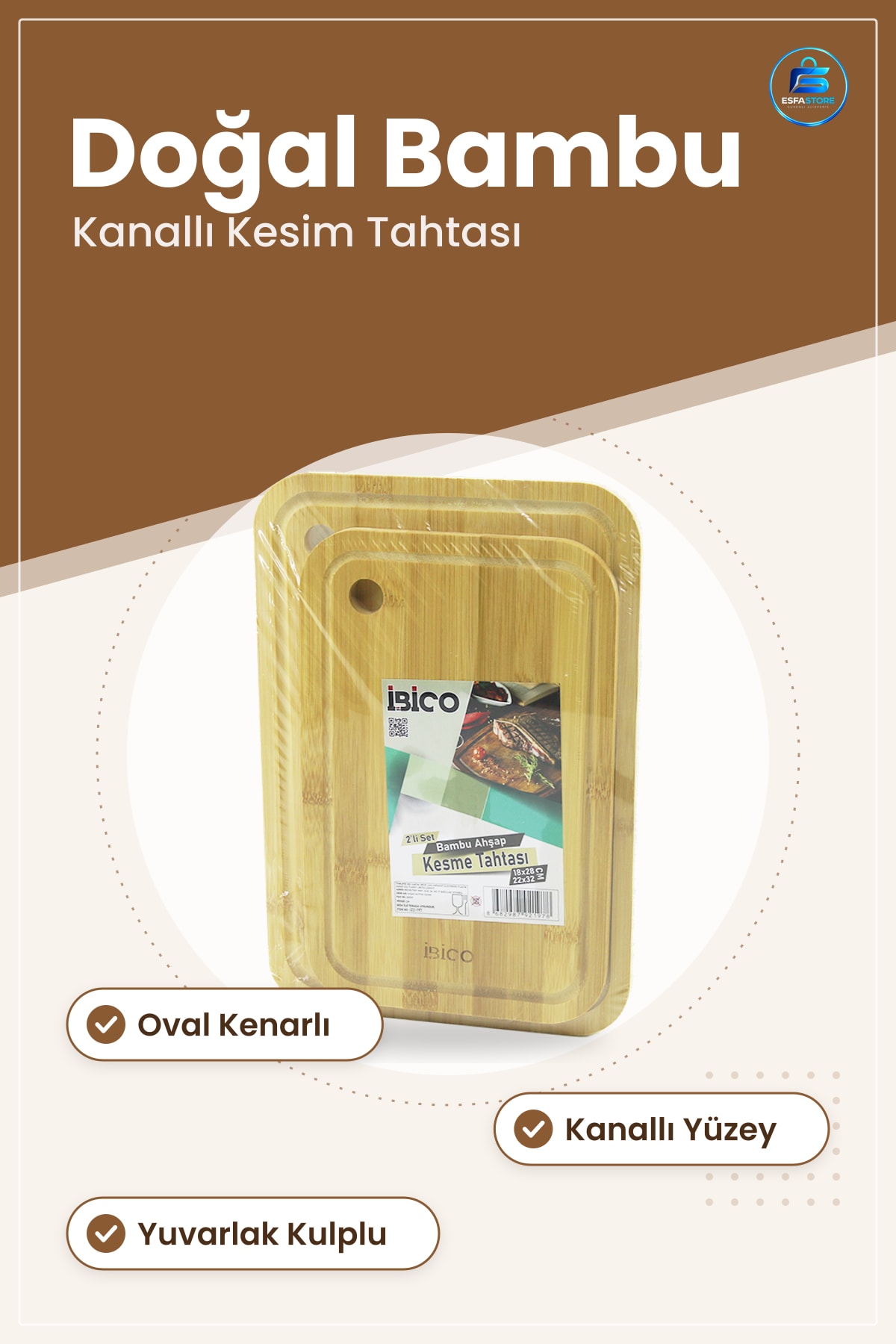 Bambu Kesme Tahtası Kesim Panosu Oval Kenarlı Kanallı Yuvarlak Kulplu Mutfak Doğal