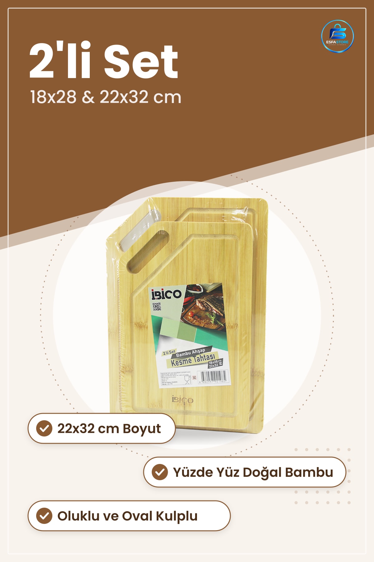 Kesme Tahtası Bambu 2li Set 18x28 cm 22x32 Oluklu Kulplu Doğal Ahşap Mutfak Sebze Et Servis