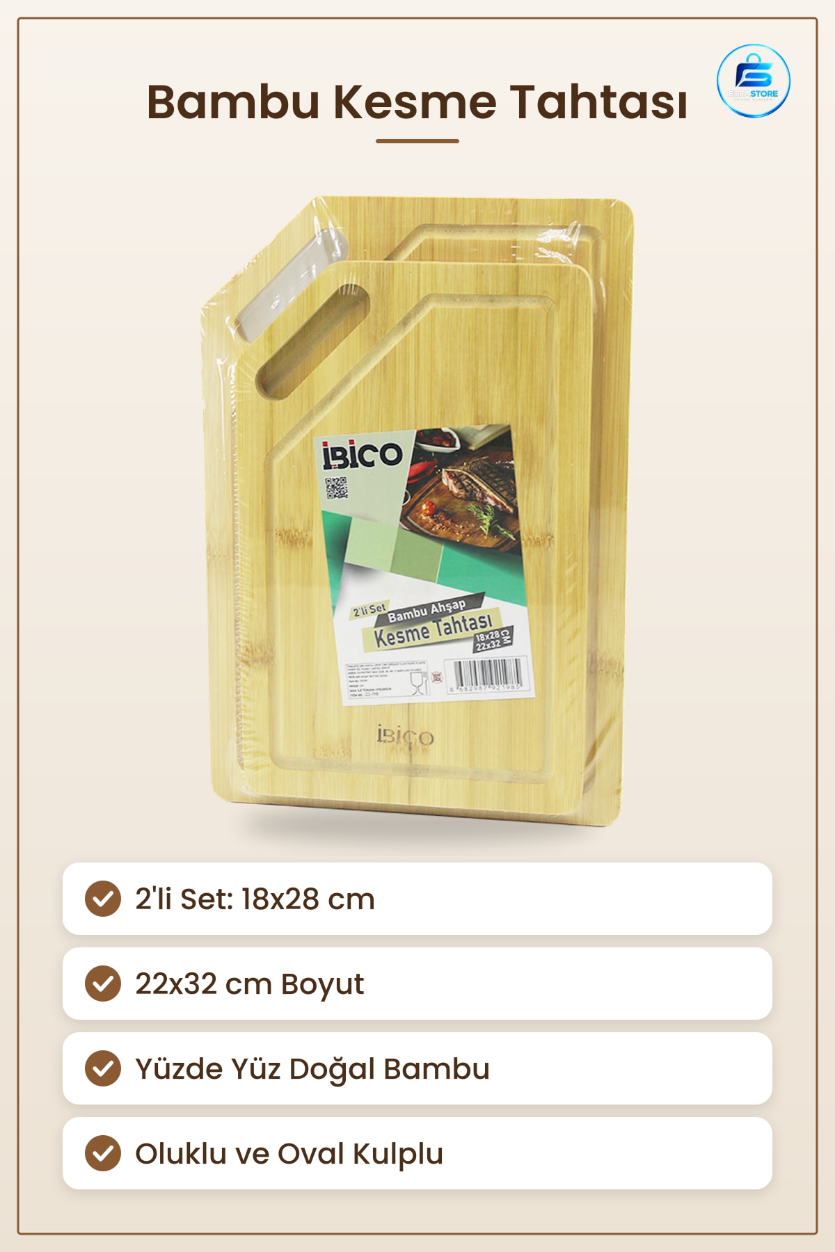 Kesme Tahtası Bambu 2li Set 18x28 cm 22x32 Oluklu Kulplu Doğal Ahşap Mutfak Sebze Et Servis