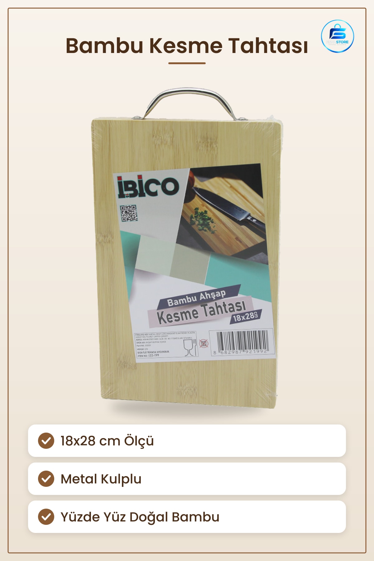 Bambu Kesme Tahtası 18x28 cm Metal Kulplu Doğal Ahşap Mutfak Doyrama Servis Sunum Peynir Meze