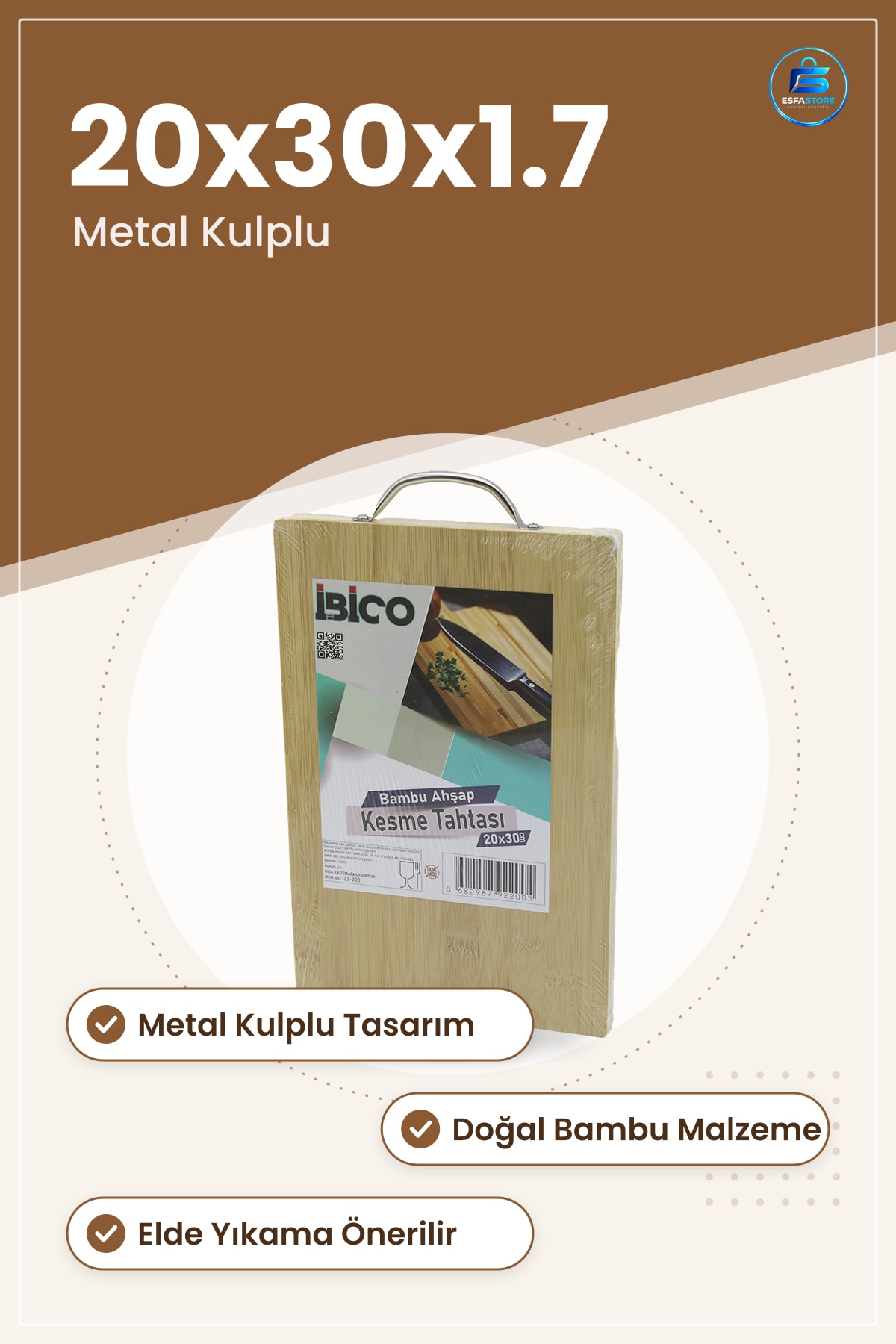 Bambu Kesme Tahtası 20x30x1.7 cm Metal Kulplu Sebze Meyve Et Ekmek Kesim Tabla Mutfak Sofra