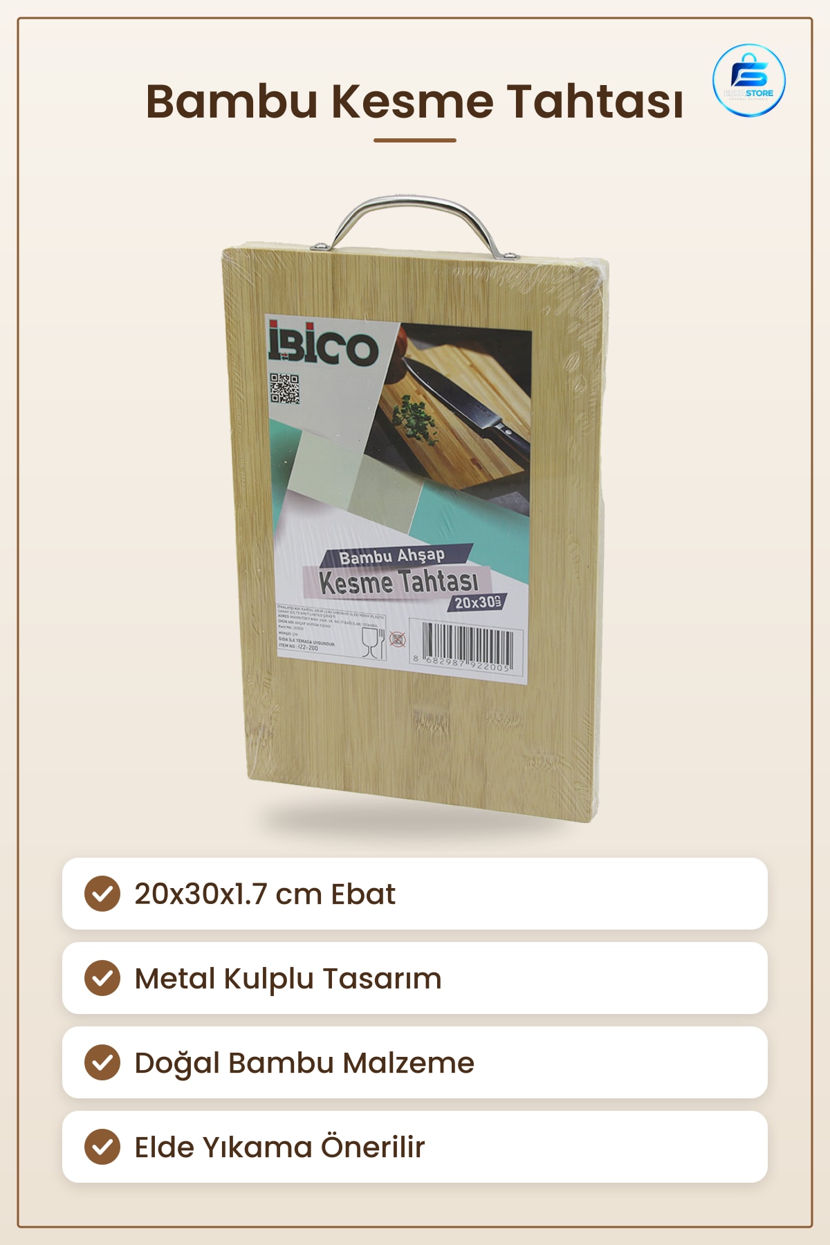 Bambu Kesme Tahtası 20x30x1.7 cm Metal Kulplu Sebze Meyve Et Ekmek Kesim Tabla Mutfak Sofra