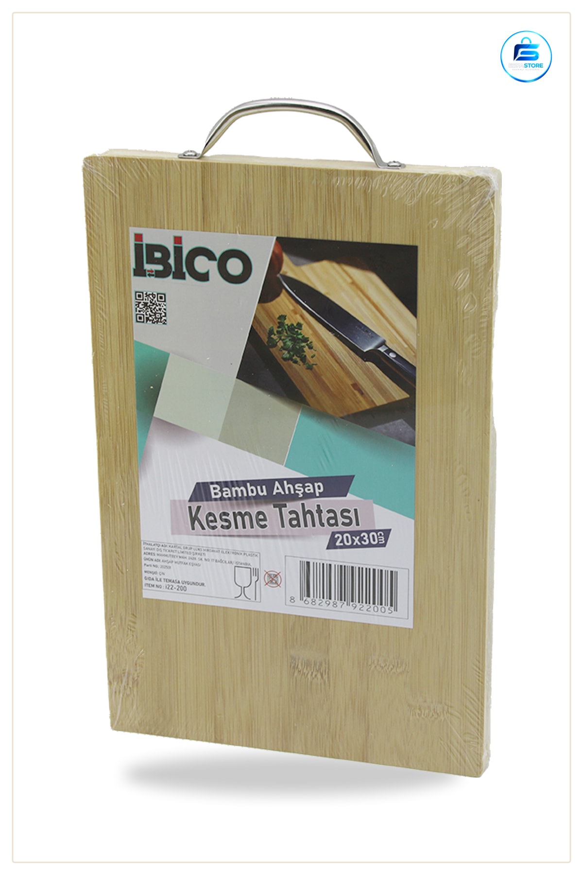 Bambu Kesme Tahtası 20x30x1.7 cm Metal Kulplu Sebze Meyve Et Ekmek Kesim Tabla Mutfak Sofra