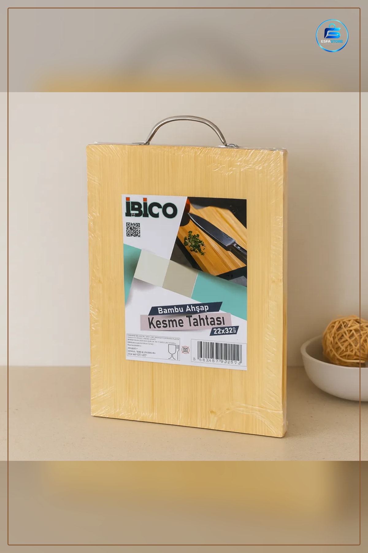 Kesme Tahtası Bambu Ahşap 22x32x1,7 cm Metal Kulplu Mutfak Et Sebze Ekmek Doğrama Servis Tablası