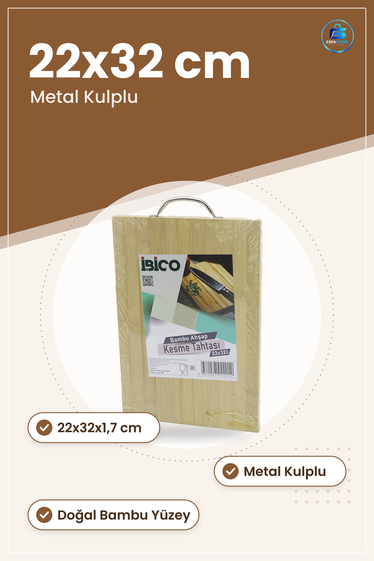 Kesme Tahtası Bambu Ahşap 22x32x1,7 cm Metal Kulplu Mutfak Et Sebze Ekmek Doğrama Servis Tablası