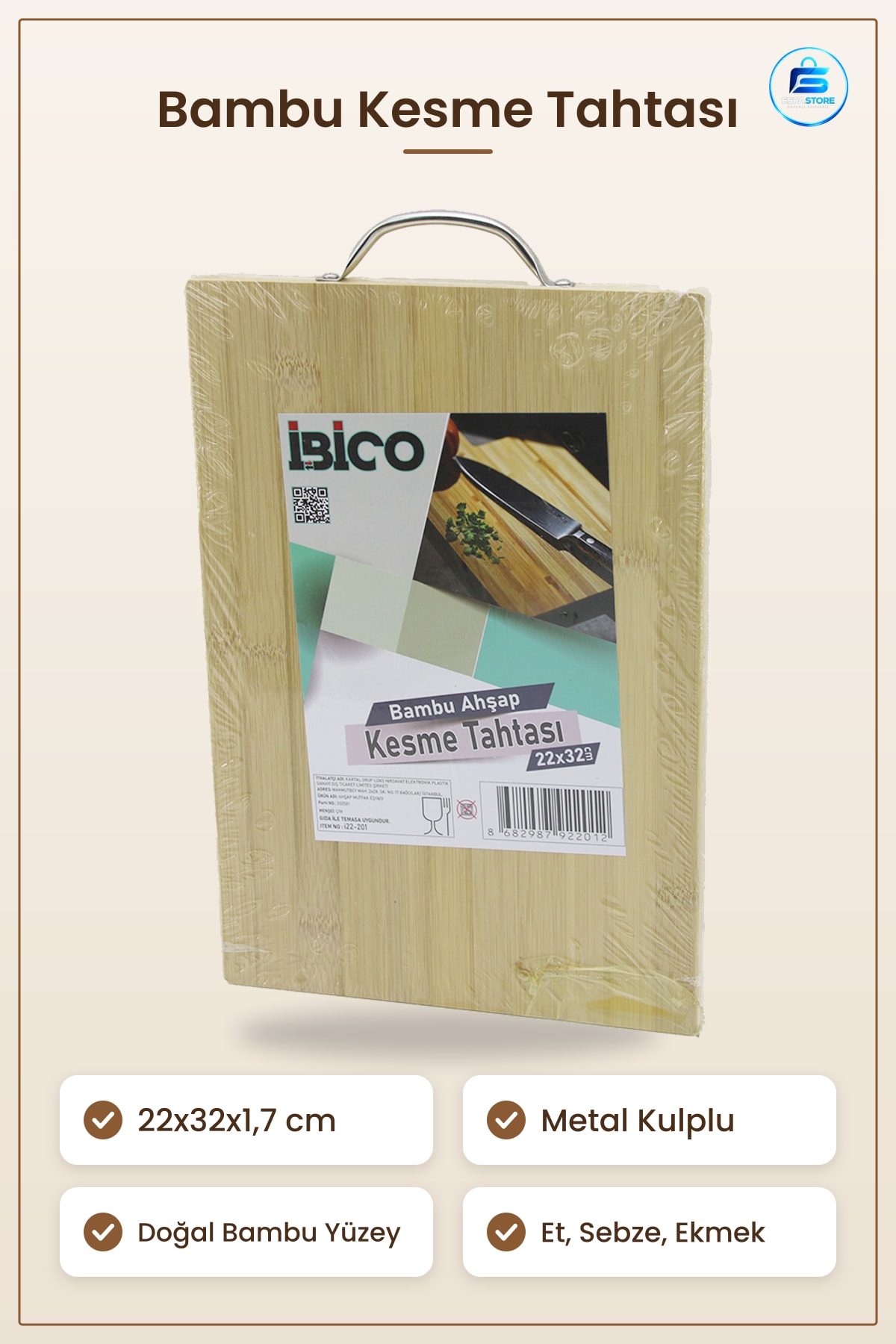 Kesme Tahtası Bambu Ahşap 22x32x1,7 cm Metal Kulplu Mutfak Et Sebze Ekmek Doğrama Servis Tablası
