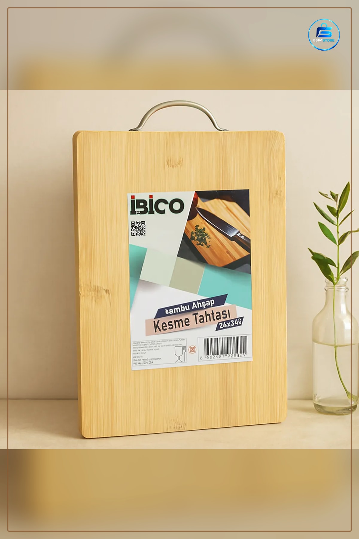 Bambu Kesme Tahtası 24x34x1.7 cm Metal Kulplu Doğal Antibakteriyel Mutfak Sunum Servis