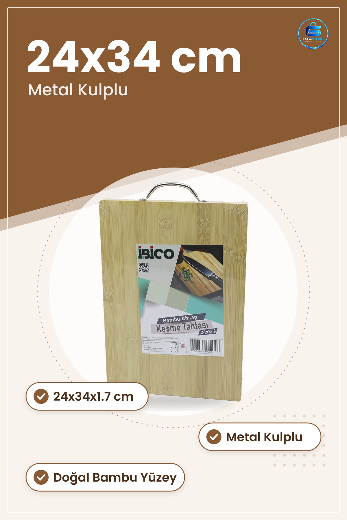 Bambu Kesme Tahtası 24x34x1.7 cm Metal Kulplu Doğal Antibakteriyel Mutfak Sunum Servis