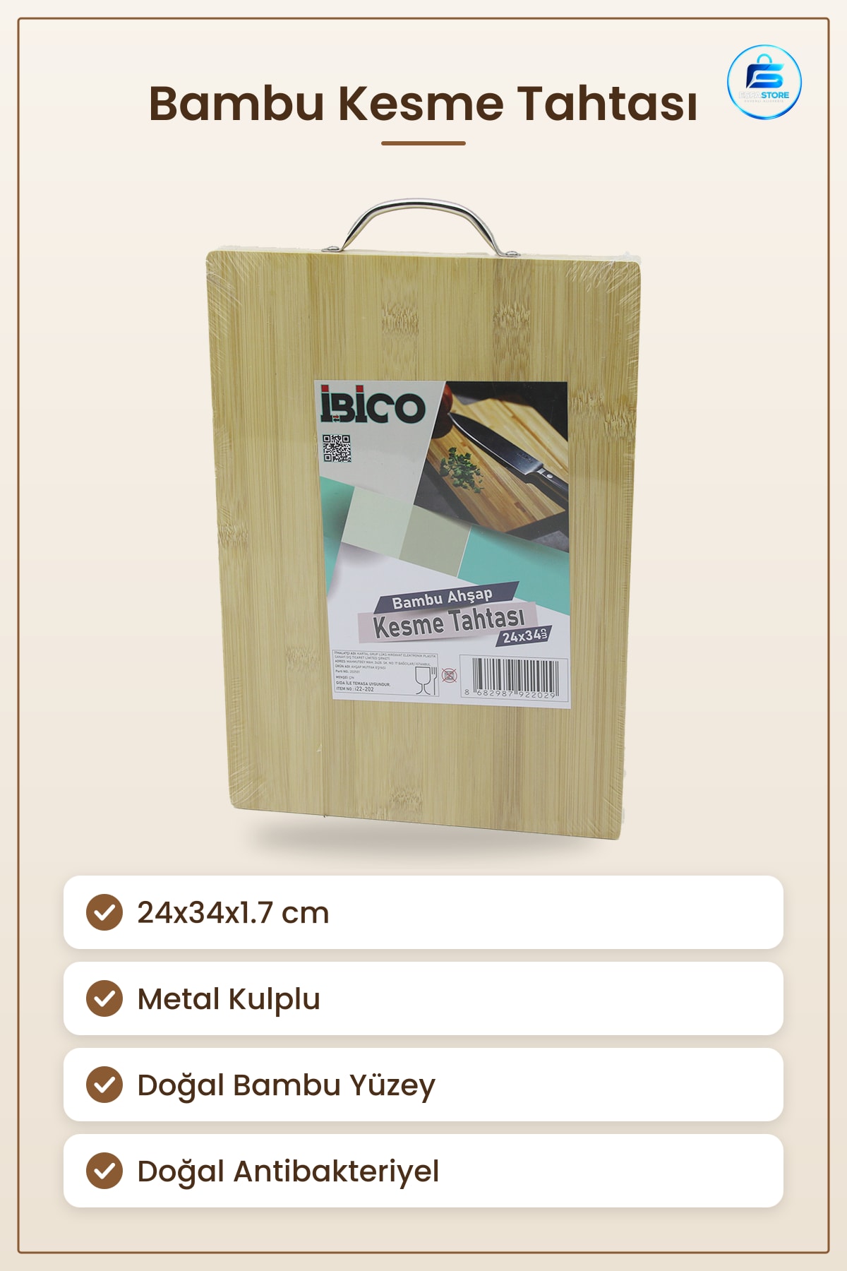 Bambu Kesme Tahtası 24x34x1.7 cm Metal Kulplu Doğal Antibakteriyel Mutfak Sunum Servis