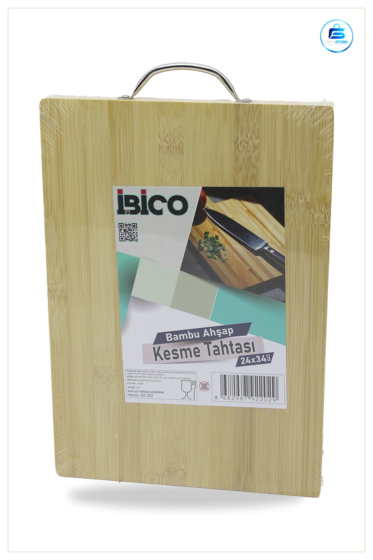 Bambu Kesme Tahtası 24x34x1.7 cm Metal Kulplu Doğal Antibakteriyel Mutfak Sunum Servis
