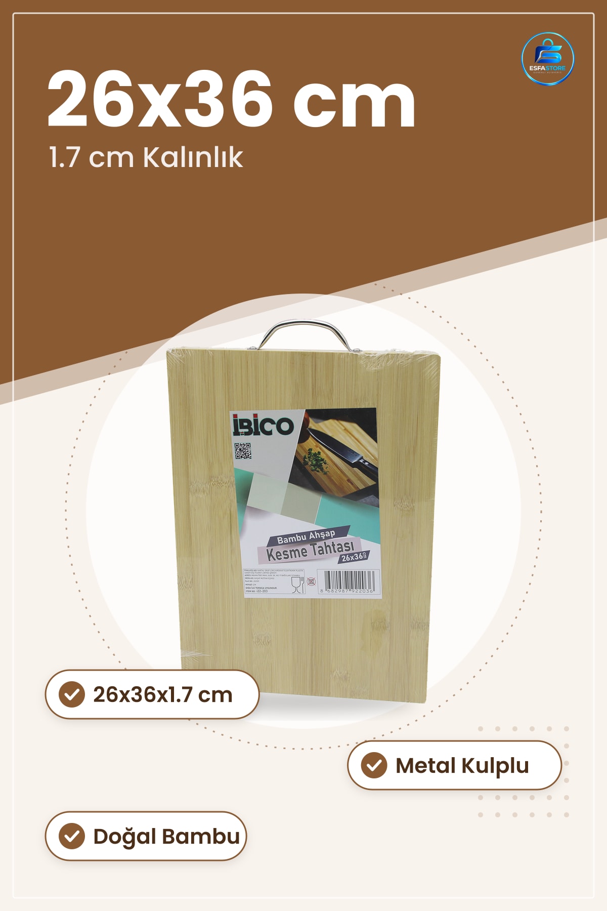 Bambu Kesme Tahtası 26x36x1.7 cm Metal Kulplu Sebze Meyve Et Ekmek Kesim Servis Tepsisi Mutfak Sofra