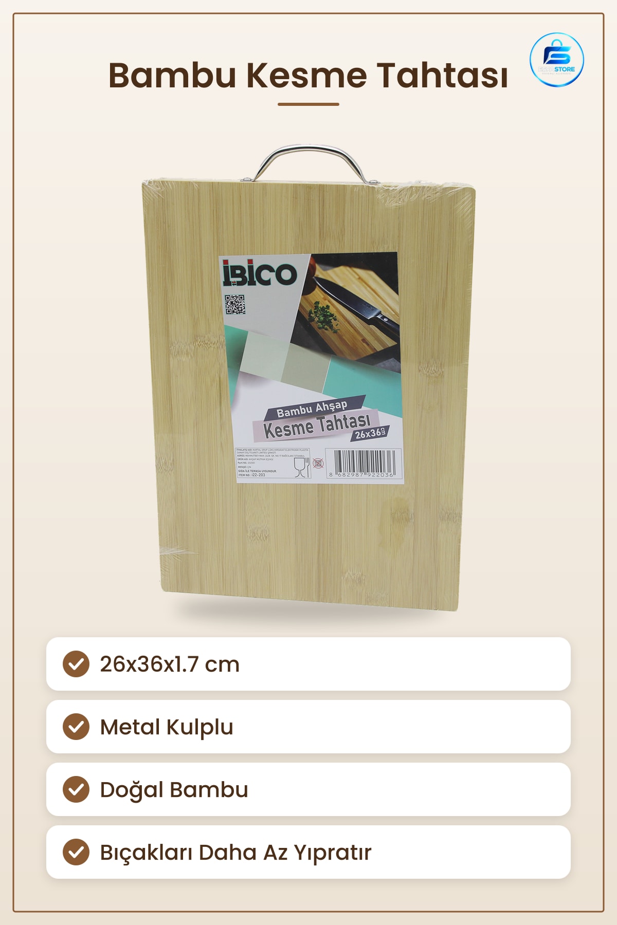 Bambu Kesme Tahtası 26x36x1.7 cm Metal Kulplu Sebze Meyve Et Ekmek Kesim Servis Tepsisi Mutfak Sofra