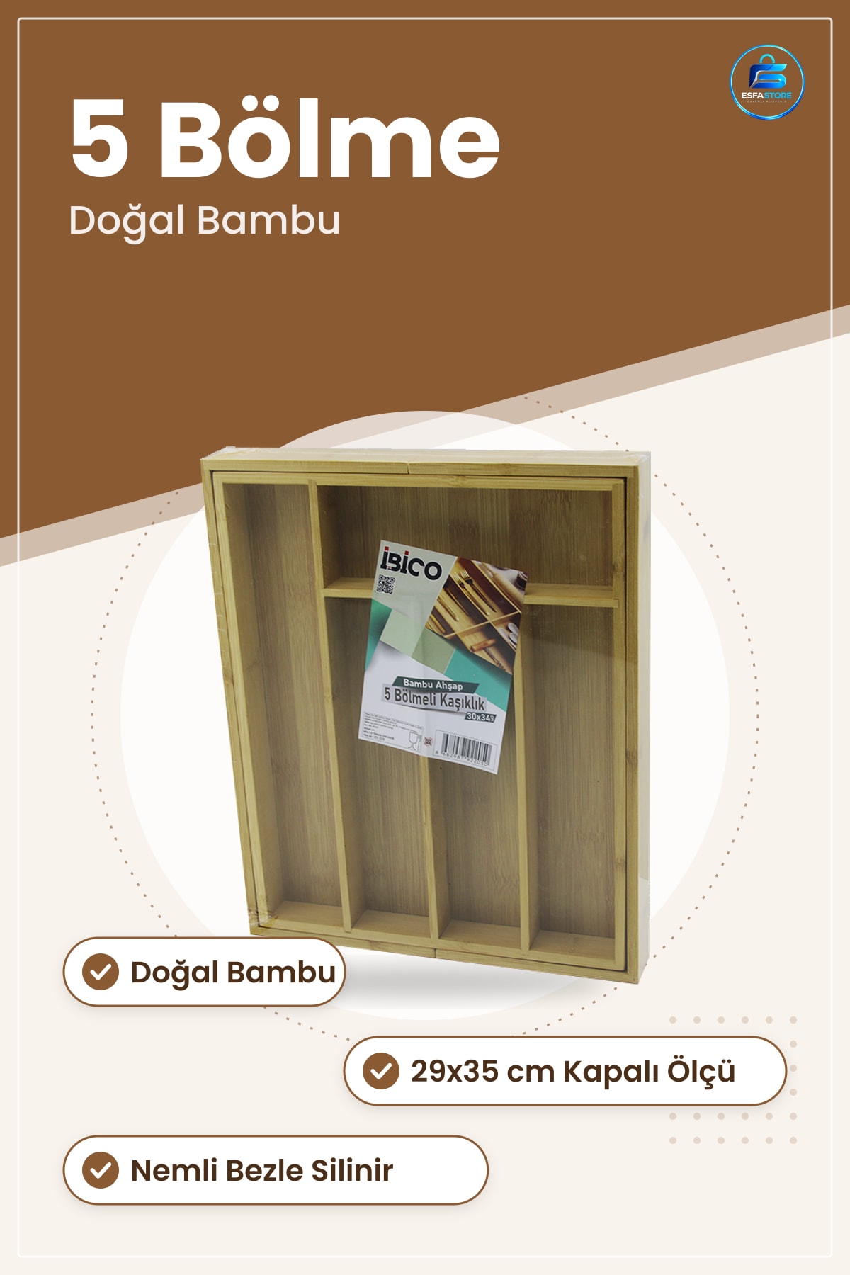 Bambu Kaşıklık 5 Bölmeli Mutfak Çekmece Düzenleyici Organizer Doğal Ahşap Saklama 29x35 cm
