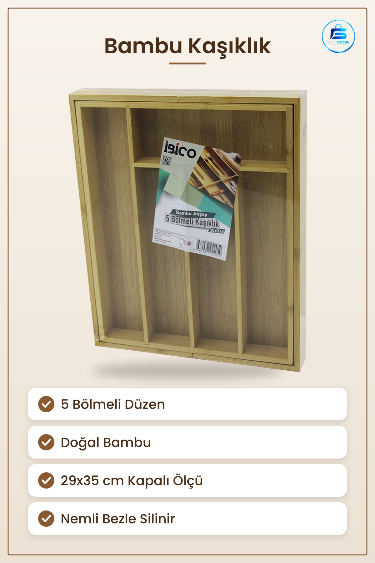 Bambu Kaşıklık 5 Bölmeli Mutfak Çekmece Düzenleyici Organizer Doğal Ahşap Saklama 29x35 cm