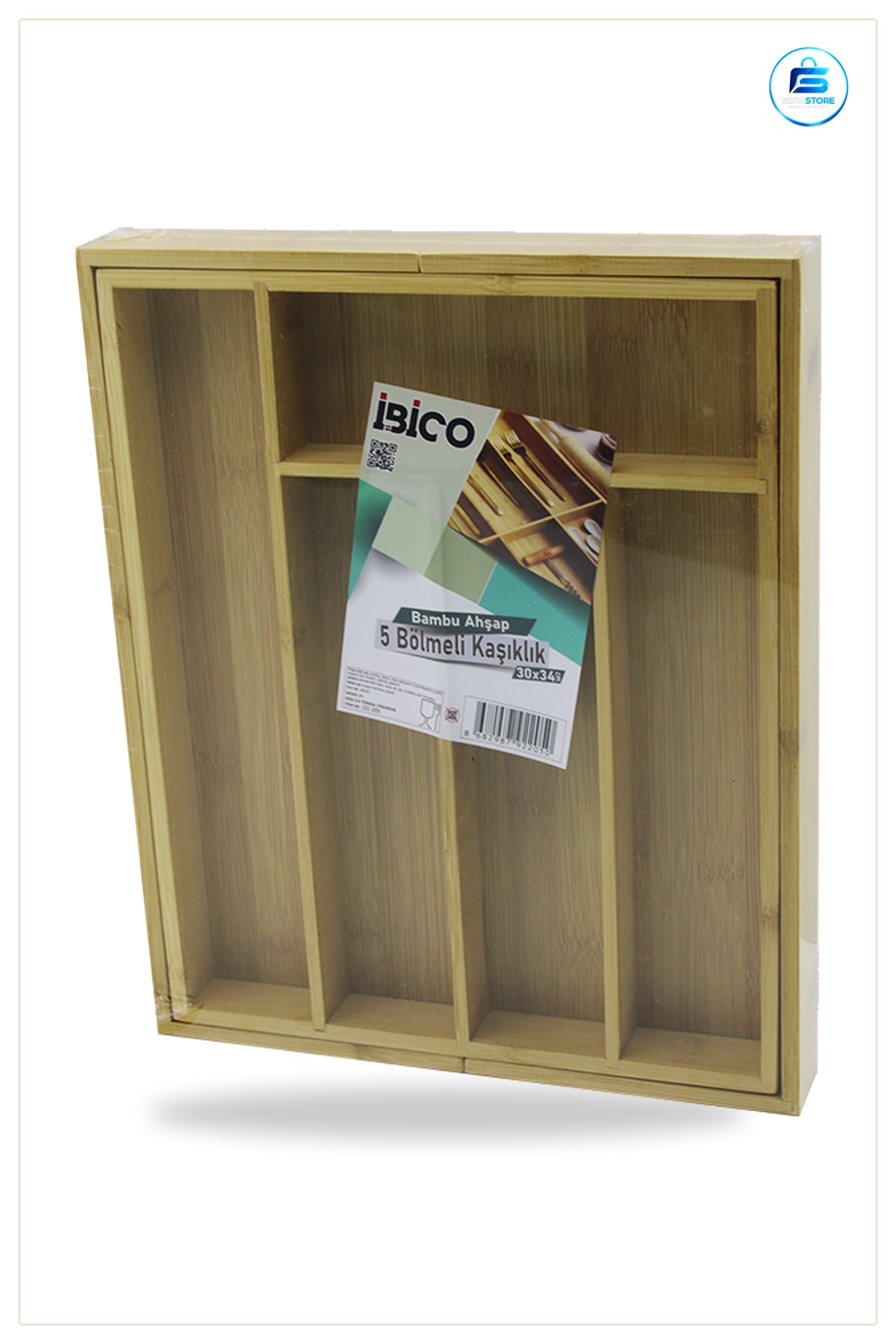 Bambu Kaşıklık 5 Bölmeli Mutfak Çekmece Düzenleyici Organizer Doğal Ahşap Saklama 29x35 cm