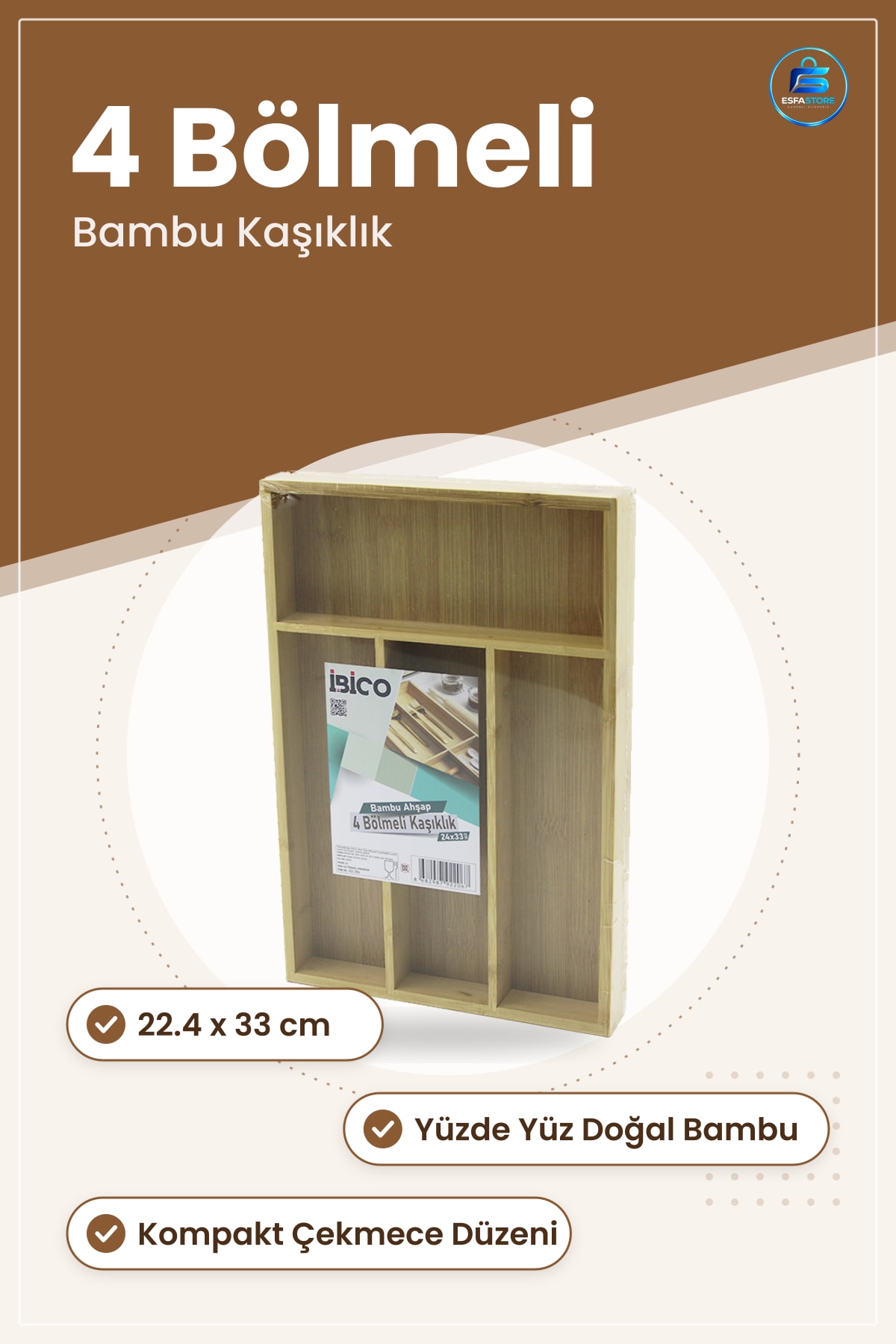 Kaşıklık Bambu Çekmece Organizer 22.4x33 cm 4 Bölmeli Doğal Ahşap Mutfak Çatal Bıçak Düzenleyici