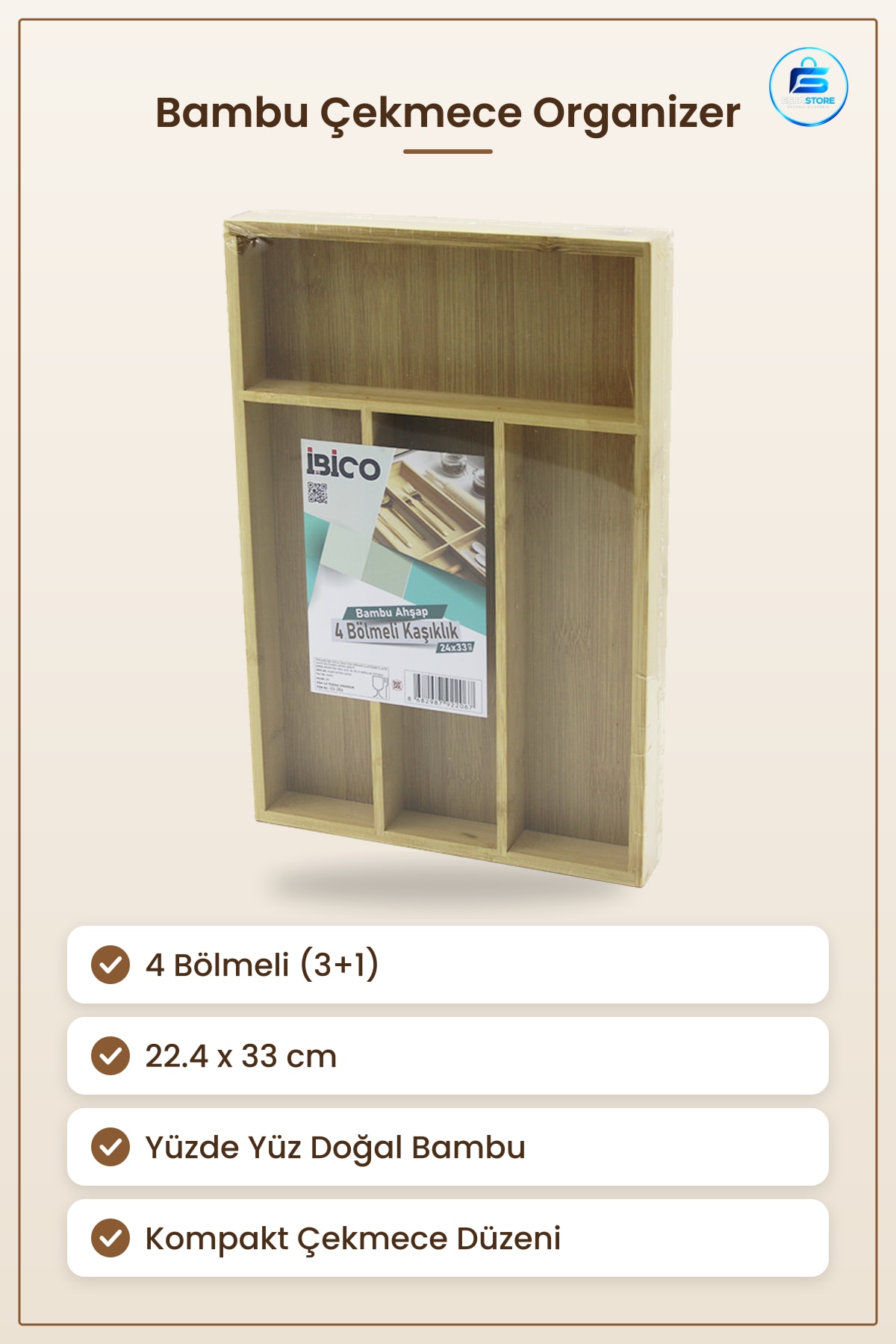 Kaşıklık Bambu Çekmece Organizer 22.4x33 cm 4 Bölmeli Doğal Ahşap Mutfak Çatal Bıçak Düzenleyici