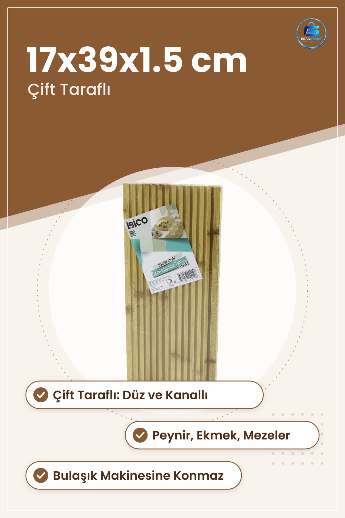 Bambu Servis Kesme Tahtası 17x39x1.5 cm Çift Taraflı Düz ve Kanallı Peynir Ekmek Sunum Mutfak