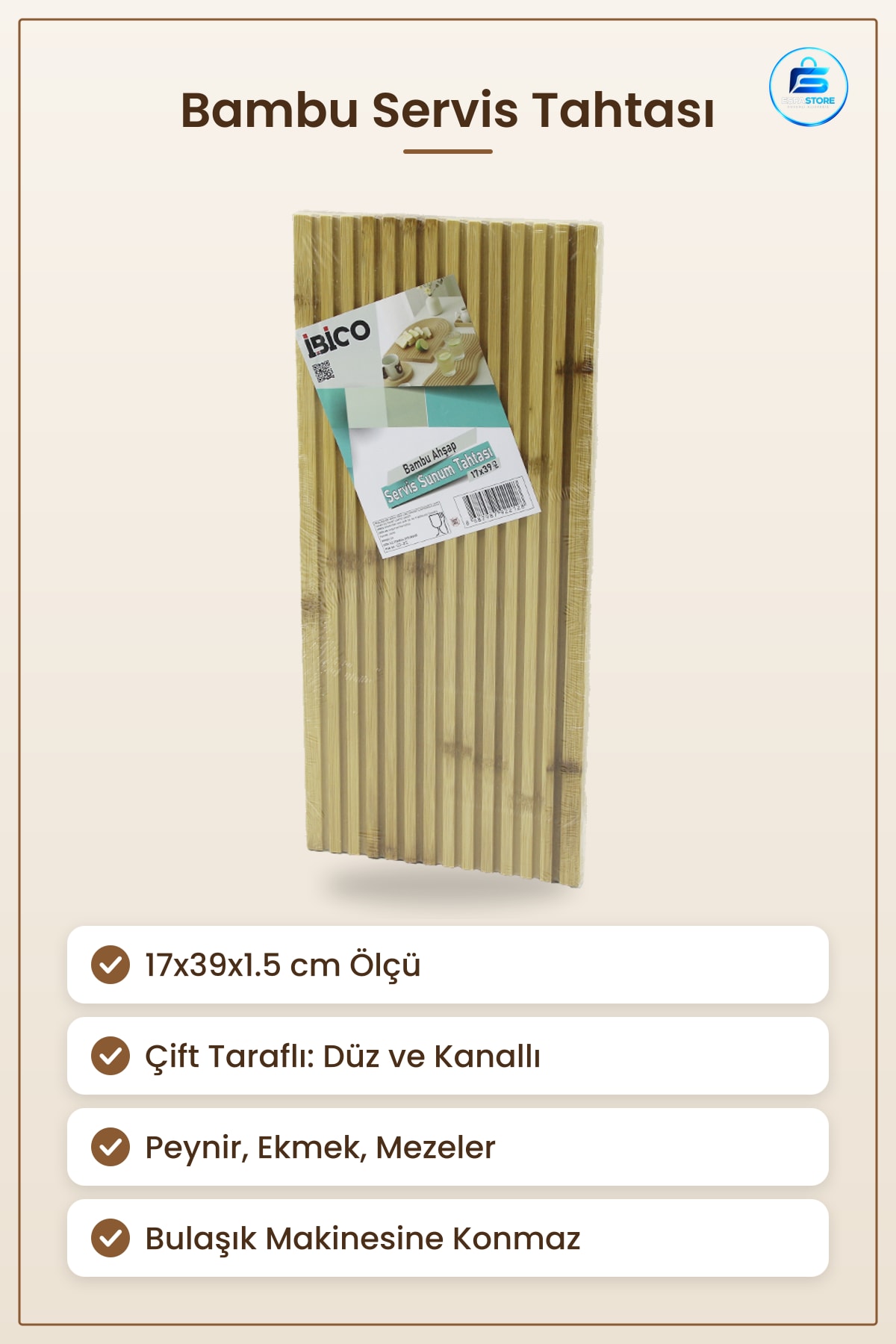 Bambu Servis Kesme Tahtası 17x39x1.5 cm Çift Taraflı Düz ve Kanallı Peynir Ekmek Sunum Mutfak