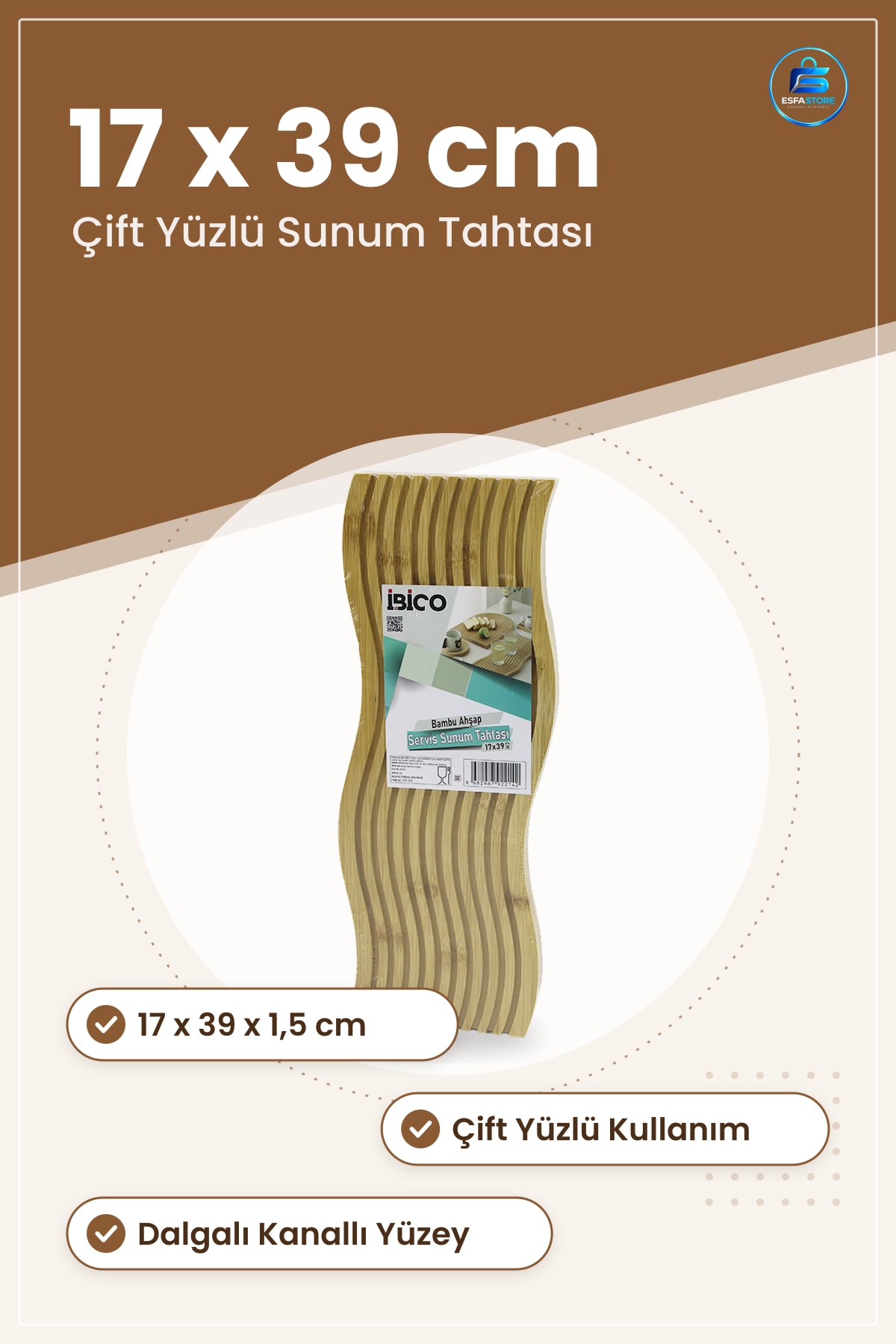 Bambu Servis Sunum Tahtası 17x39x1.5 cm Çift Yüzlü Dalgalı Kanallı Mutfak Yemek Hazırlık Peynir