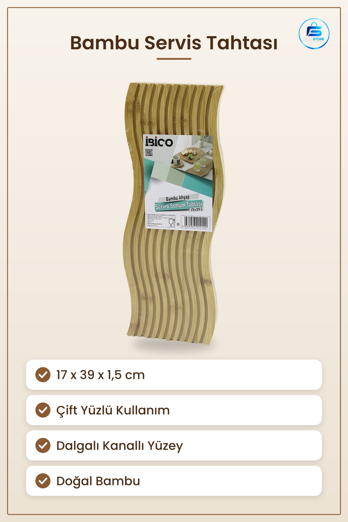 Bambu Servis Sunum Tahtası 17x39x1.5 cm Çift Yüzlü Dalgalı Kanallı Mutfak Yemek Hazırlık Peynir
