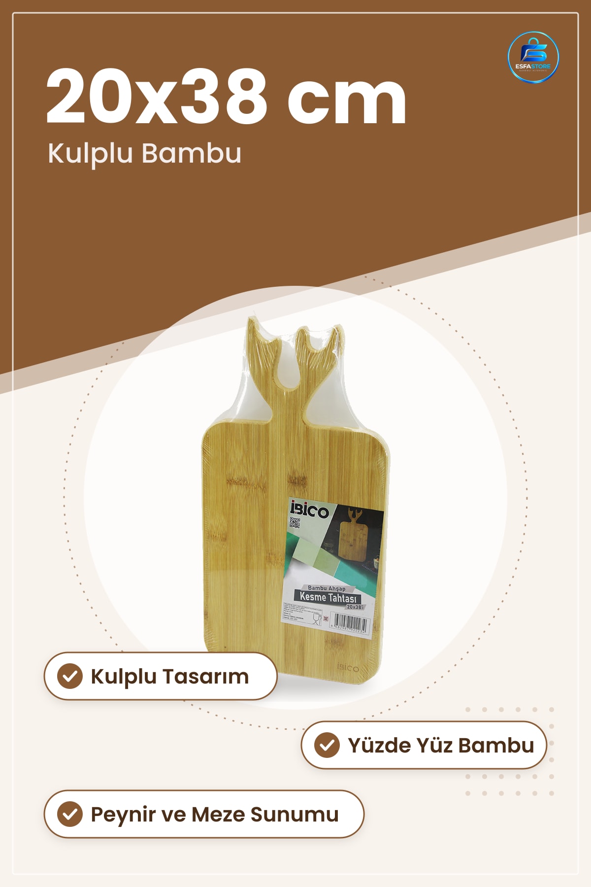 Kesme Tahtası Bambu Kulplu 20x38 cm Geyik Boynuzu Görünümlü Mutfak Peynir Meze Doğal Ahşap