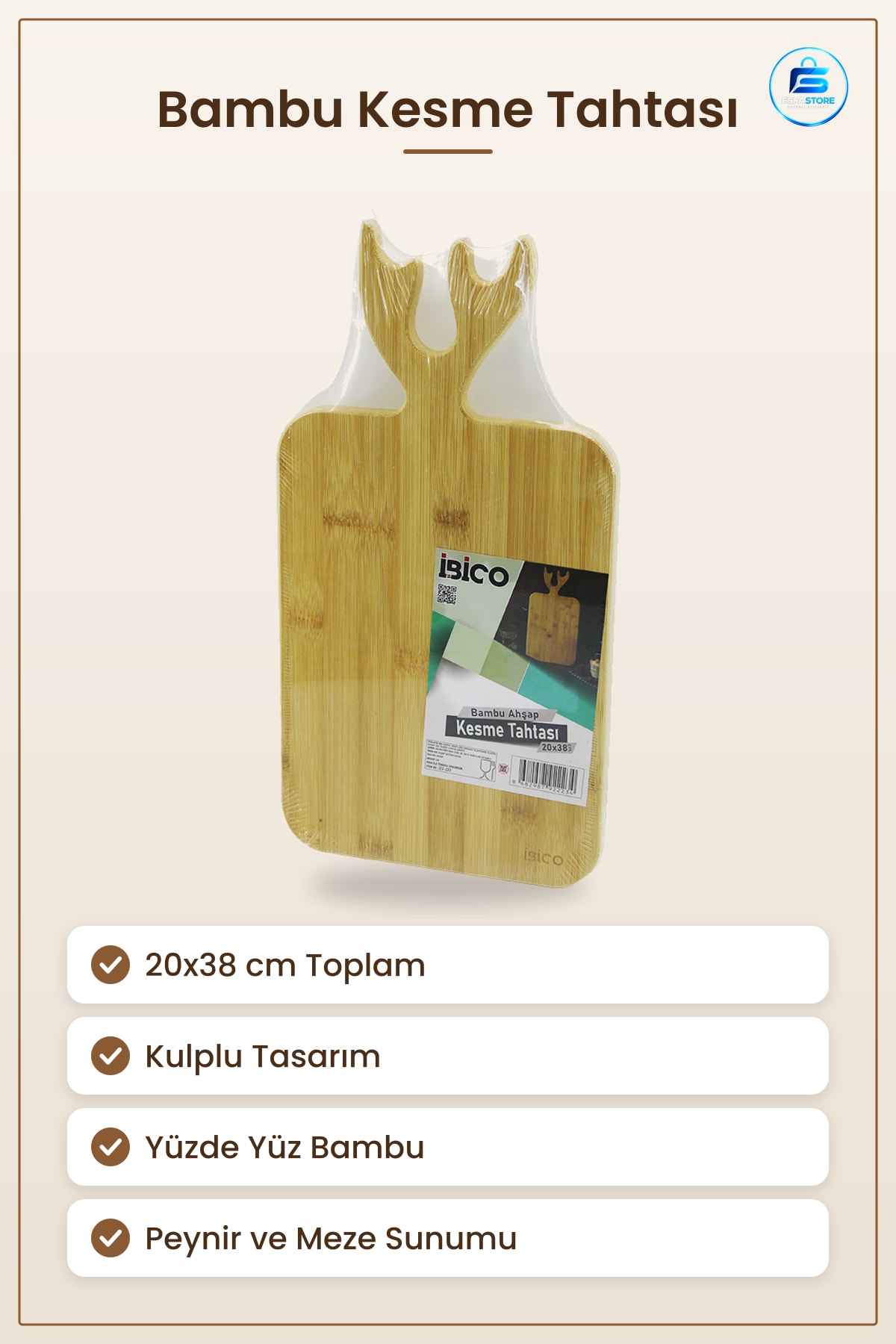 Kesme Tahtası Bambu Kulplu 20x38 cm Geyik Boynuzu Görünümlü Mutfak Peynir Meze Doğal Ahşap