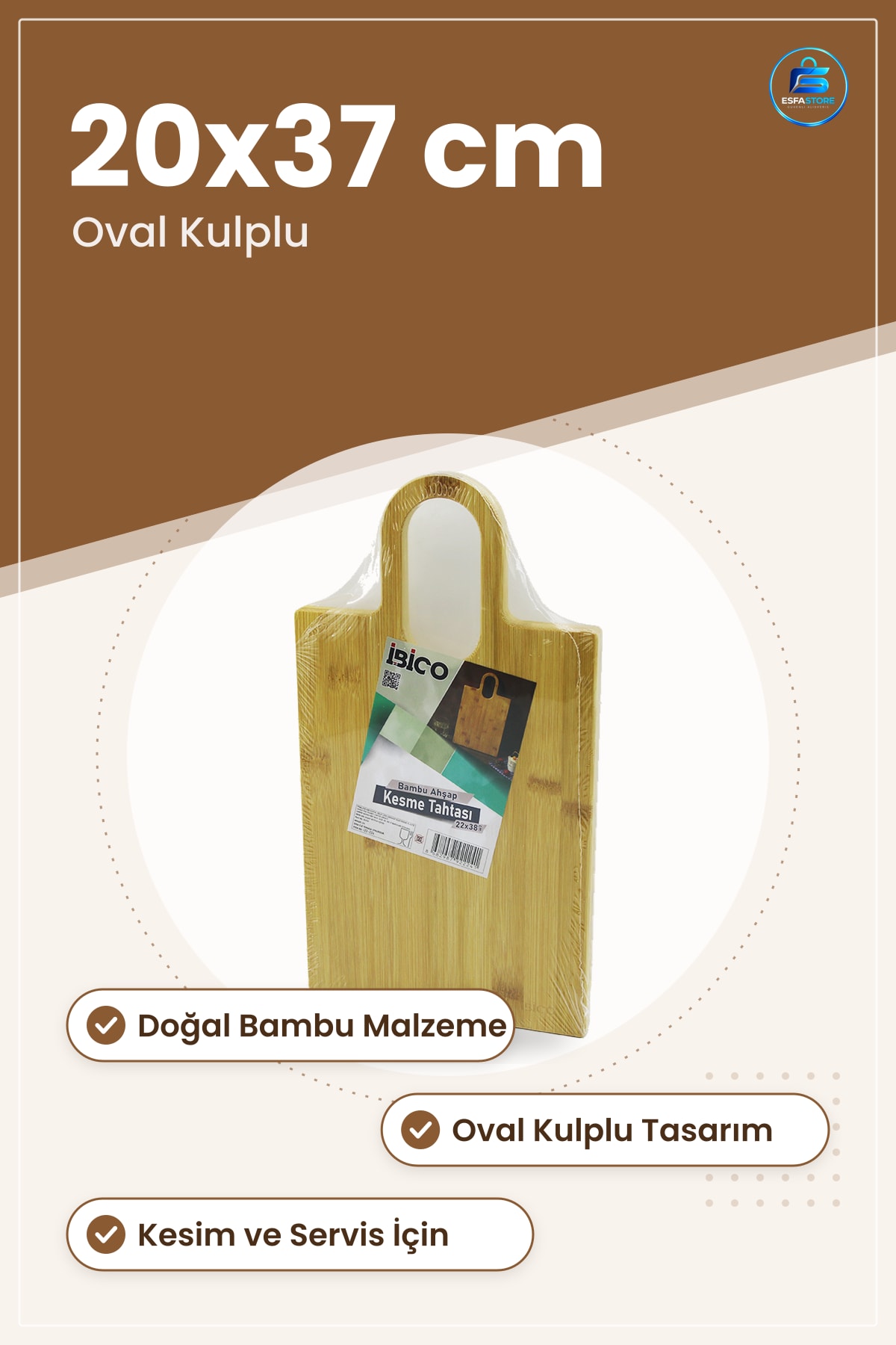 Bambu Kesme Tahtası Oval Kulplı 20x37 cm Doğal Mutfak Doyrama Servis Sunum Peynir Meze
