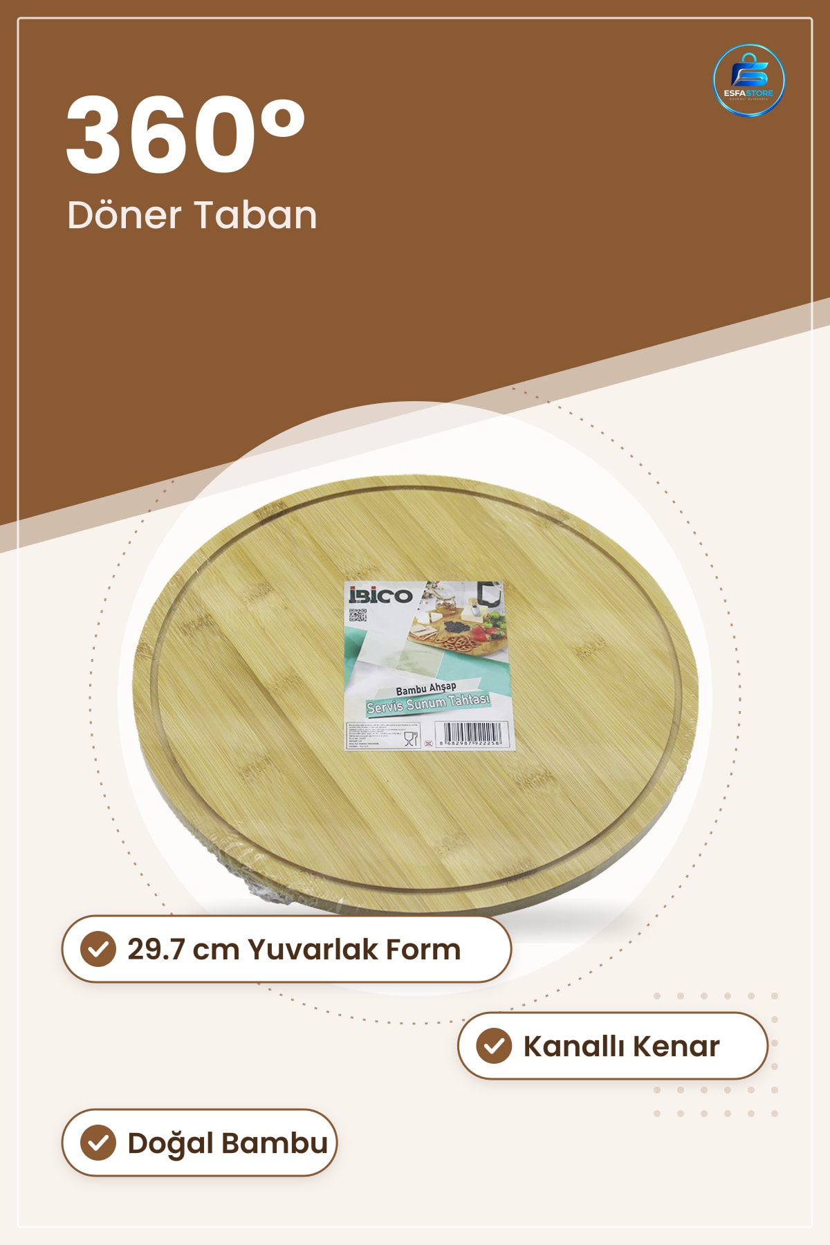 Doğal Bambu Döner Sunum Tepsisi 29.7 cm ° Yuvarlak Servis Tahtası Kahvaltı Mutfak Sofra