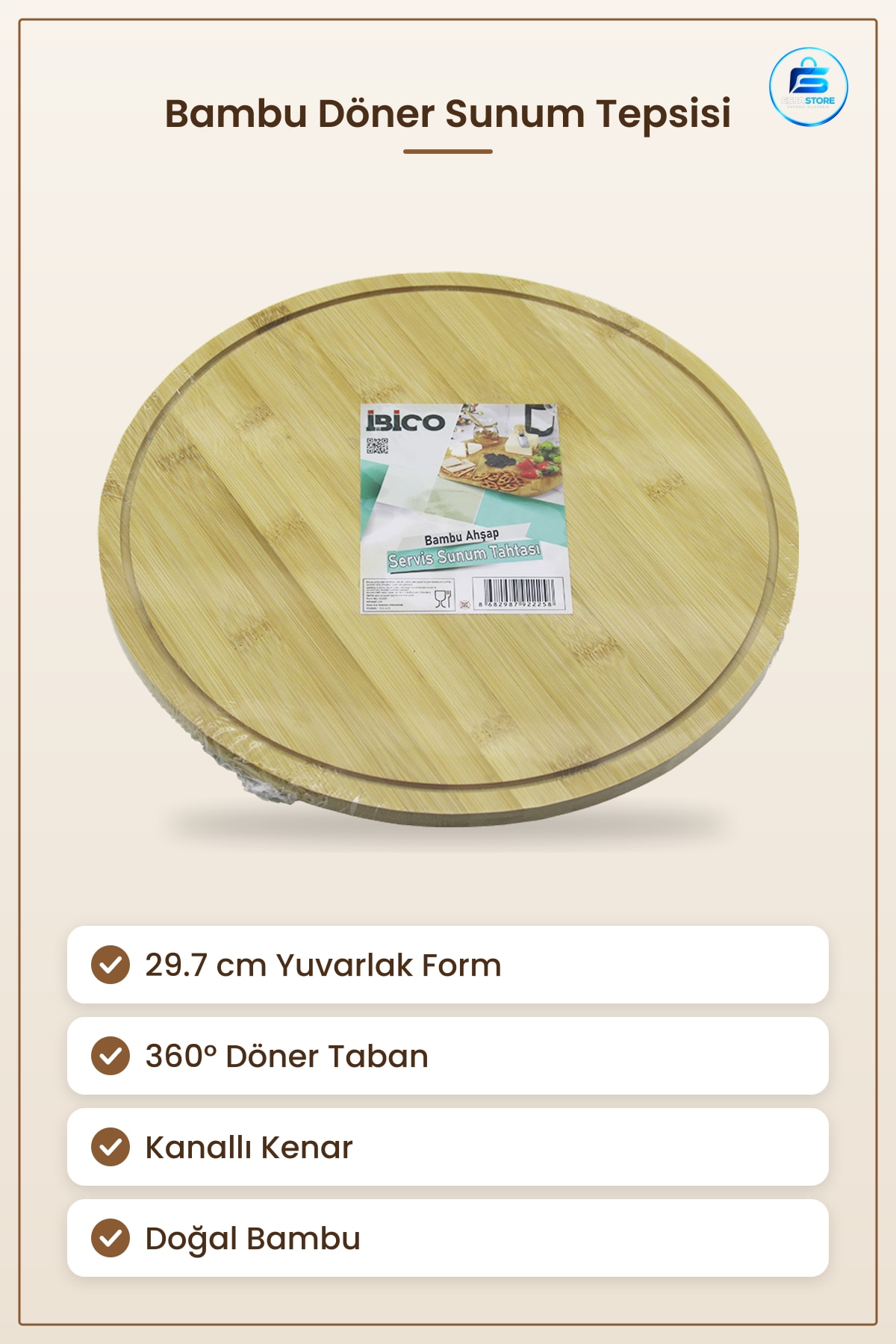 Doğal Bambu Döner Sunum Tepsisi 29.7 cm ° Yuvarlak Servis Tahtası Kahvaltı Mutfak Sofra