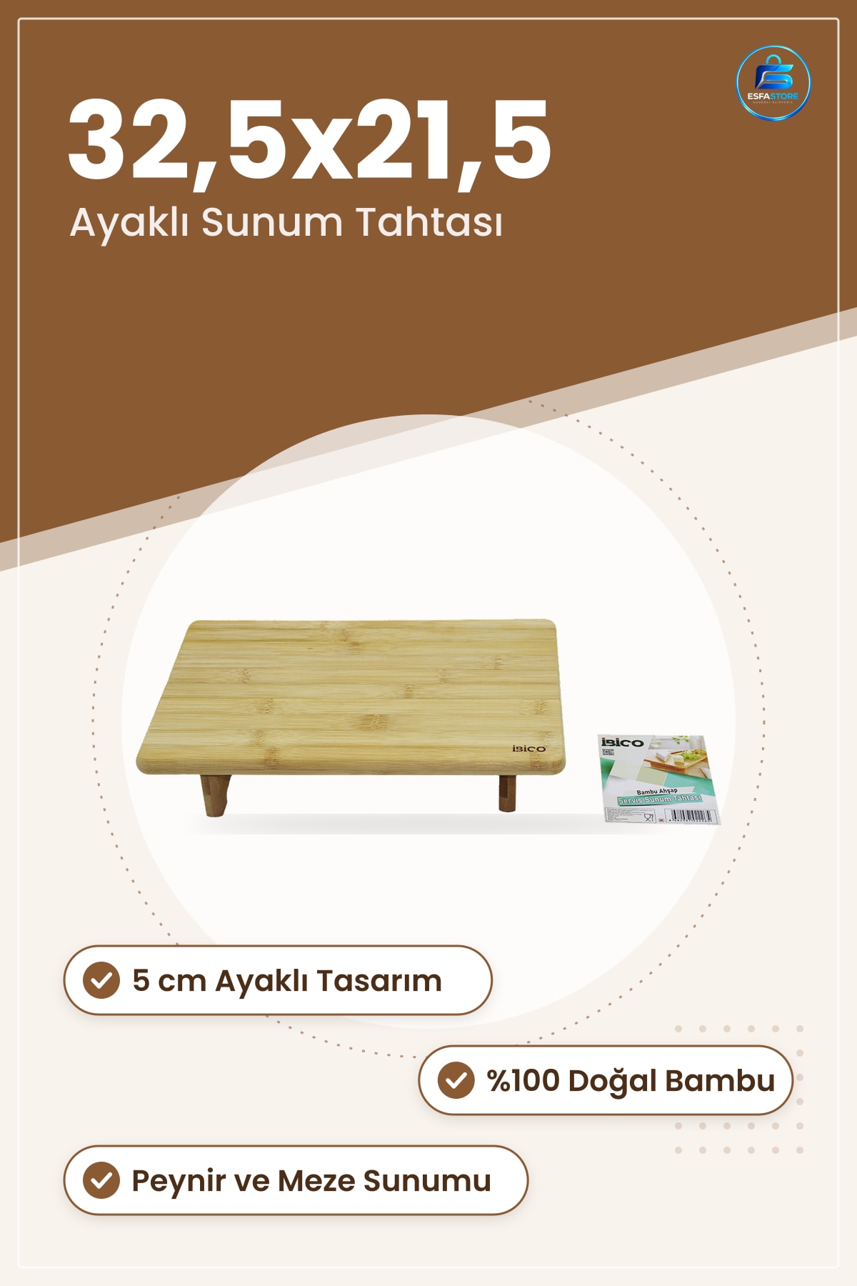 Bambu Ahşap Dikdörtgen Servis Sunum Tahtası 32,5x21,5 cm Ayaklı 5 Aperatif Peynir Meze Tepsi