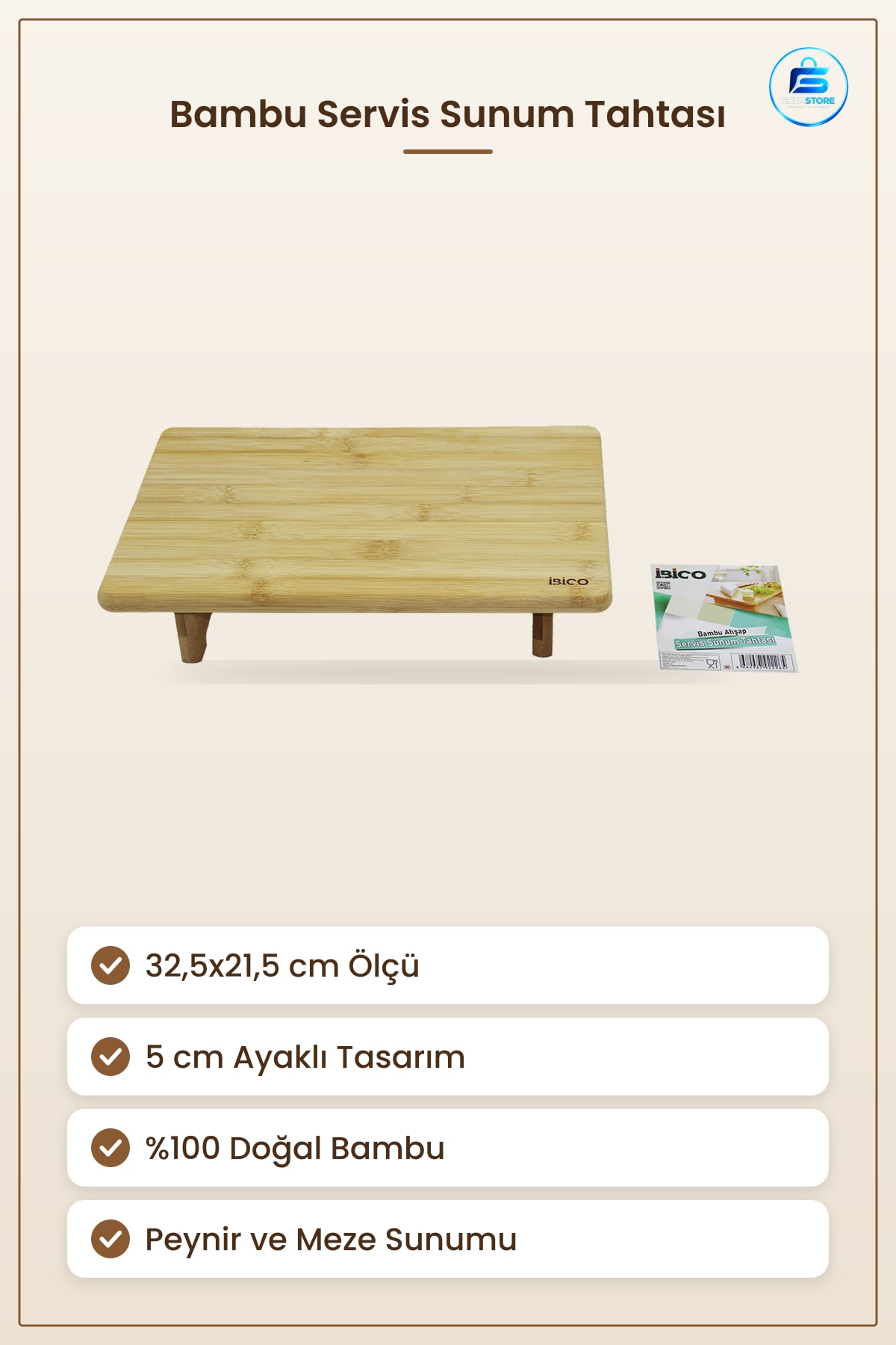 Bambu Ahşap Dikdörtgen Servis Sunum Tahtası 32,5x21,5 cm Ayaklı 5 Aperatif Peynir Meze Tepsi