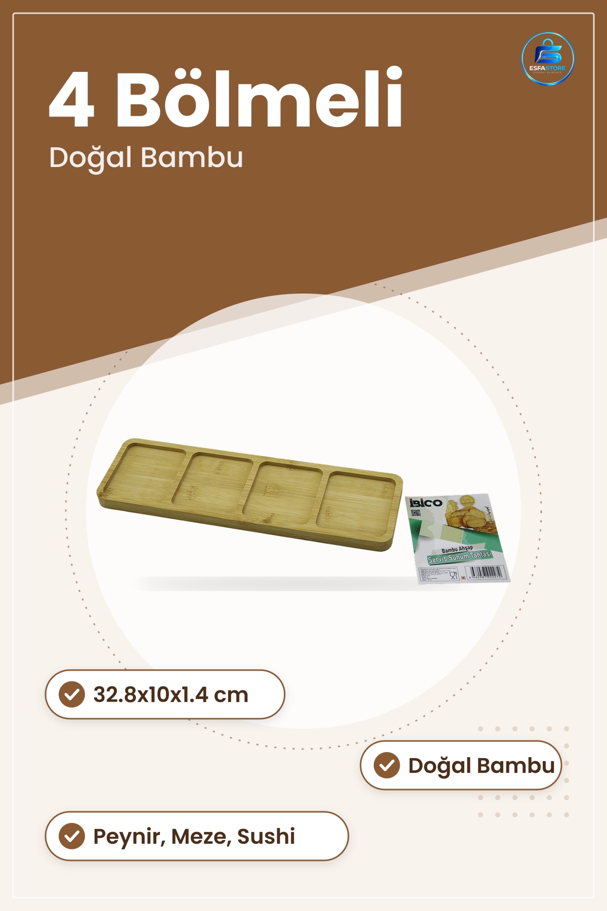 Tepsi Bambu Servis 4 Bölmeli Dikdörtgen 32.8x10x1.4 cm Atıştırmalık Peynir Meze Sunum
