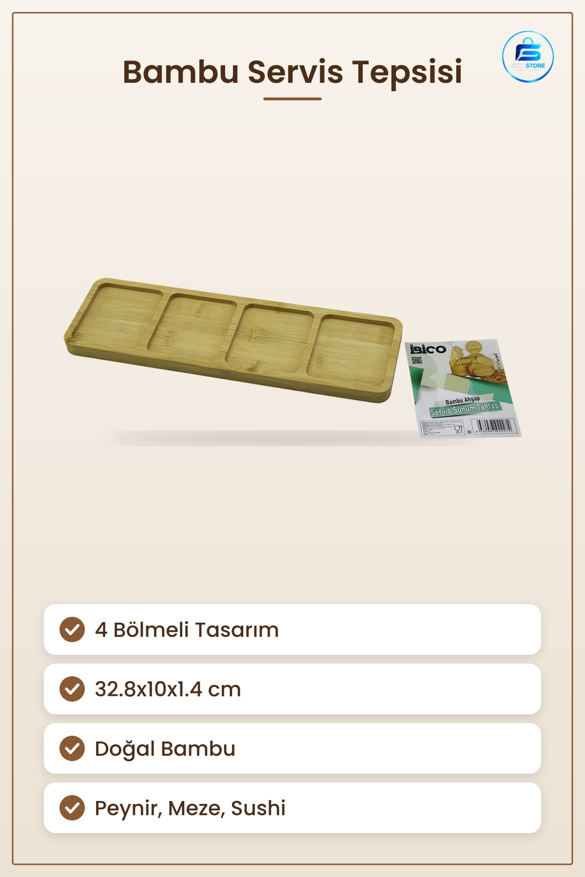 Tepsi Bambu Servis 4 Bölmeli Dikdörtgen 32.8x10x1.4 cm Atıştırmalık Peynir Meze Sunum