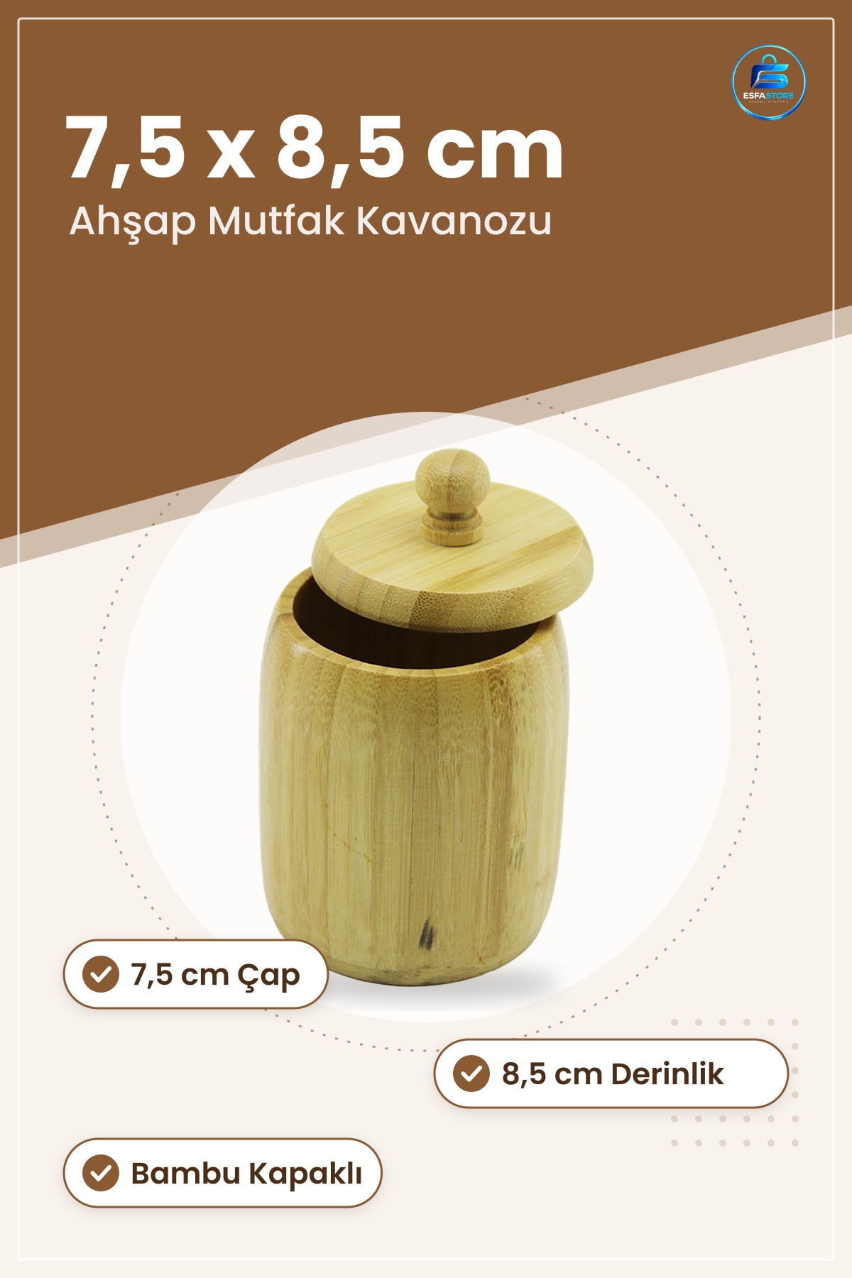 Kapaklı Ahşap Bambu Şekerlik 7,5 x 8,5 cm Mutfak Saklama Kavanozu Çay Kahve Şekeri Kuruyemiş