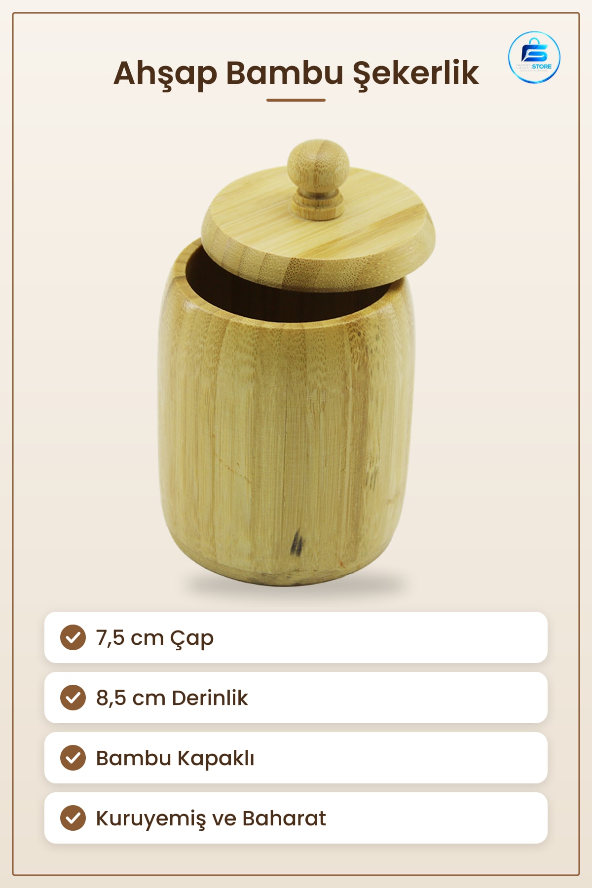 Kapaklı Ahşap Bambu Şekerlik 7,5 x 8,5 cm Mutfak Saklama Kavanozu Çay Kahve Şekeri Kuruyemiş