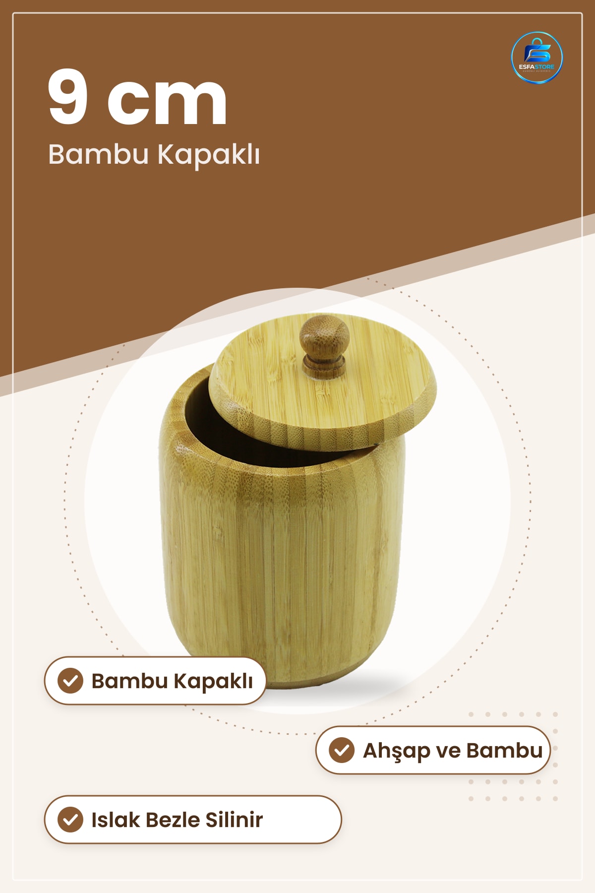 Bambu Kapaklı Şekerlik Tuzluk Biberlik 9 cm Ahşap Mutfak Sofra Saklama Kabı Doğal Çay Şekeri