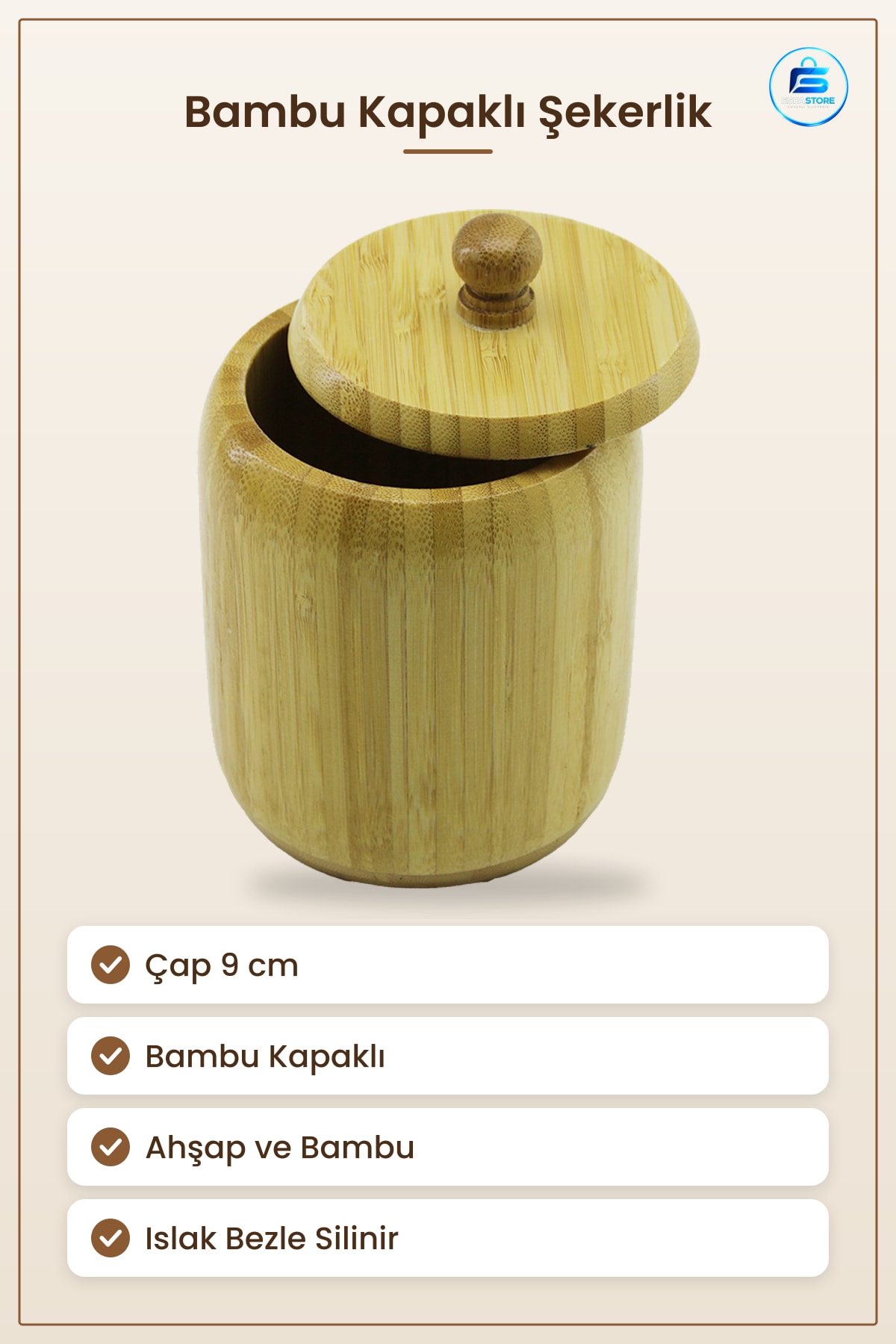Bambu Kapaklı Şekerlik Tuzluk Biberlik 9 cm Ahşap Mutfak Sofra Saklama Kabı Doğal Çay Şekeri