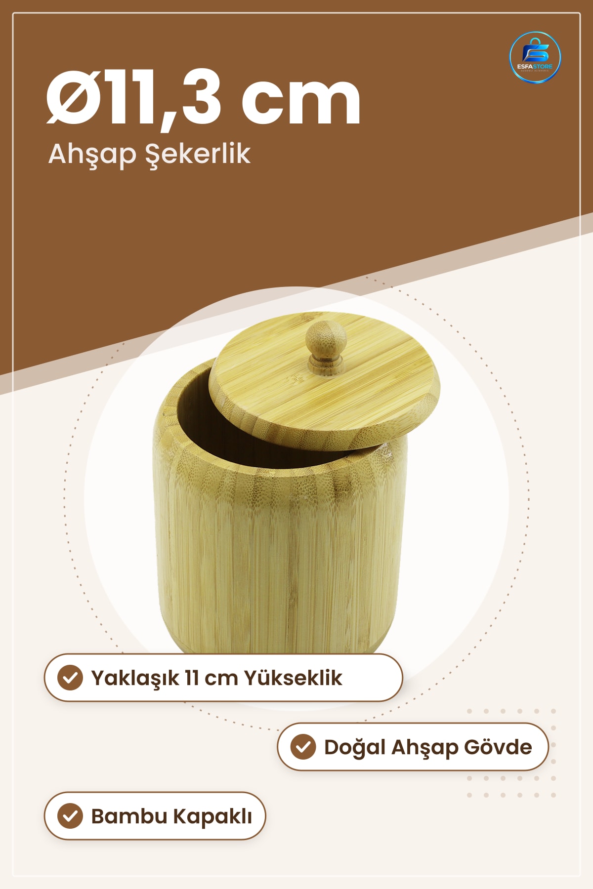 Şekerlik Ahşap Bambu Kapaklı Yuvarlak Ø11,3 cm Mutfak Saklama Kavanozu Kahve Baharat Attıştırmalık