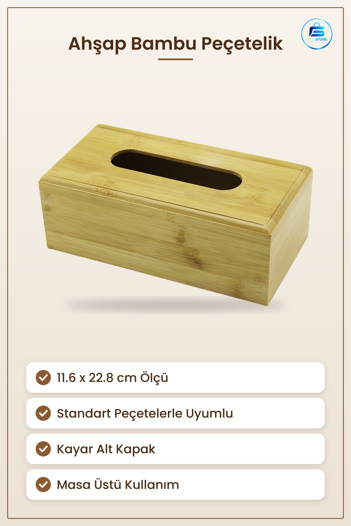 Peçetelik Ahşap Bambu 11.6x22.8 cm Masa Üstü Peçete Kutusu Restoran Kafe Ev Sofra Düzenleyici