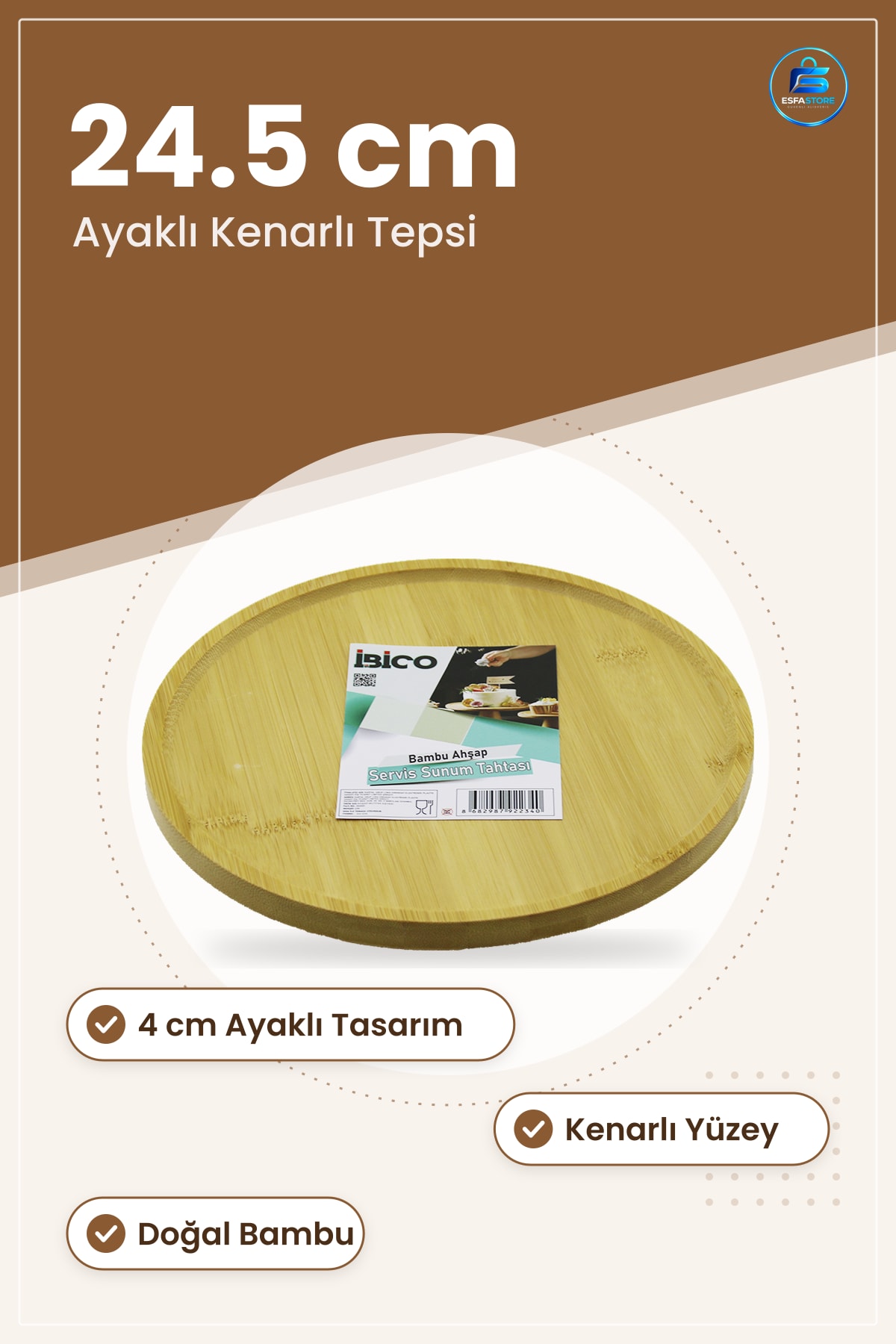 Bambu Yuvarlak Sunum Tepsisi 24.5 cm Ayaklı Kenarlı Servis Tablaı Çay Kahve Peynir Tatlı Kahvaltı