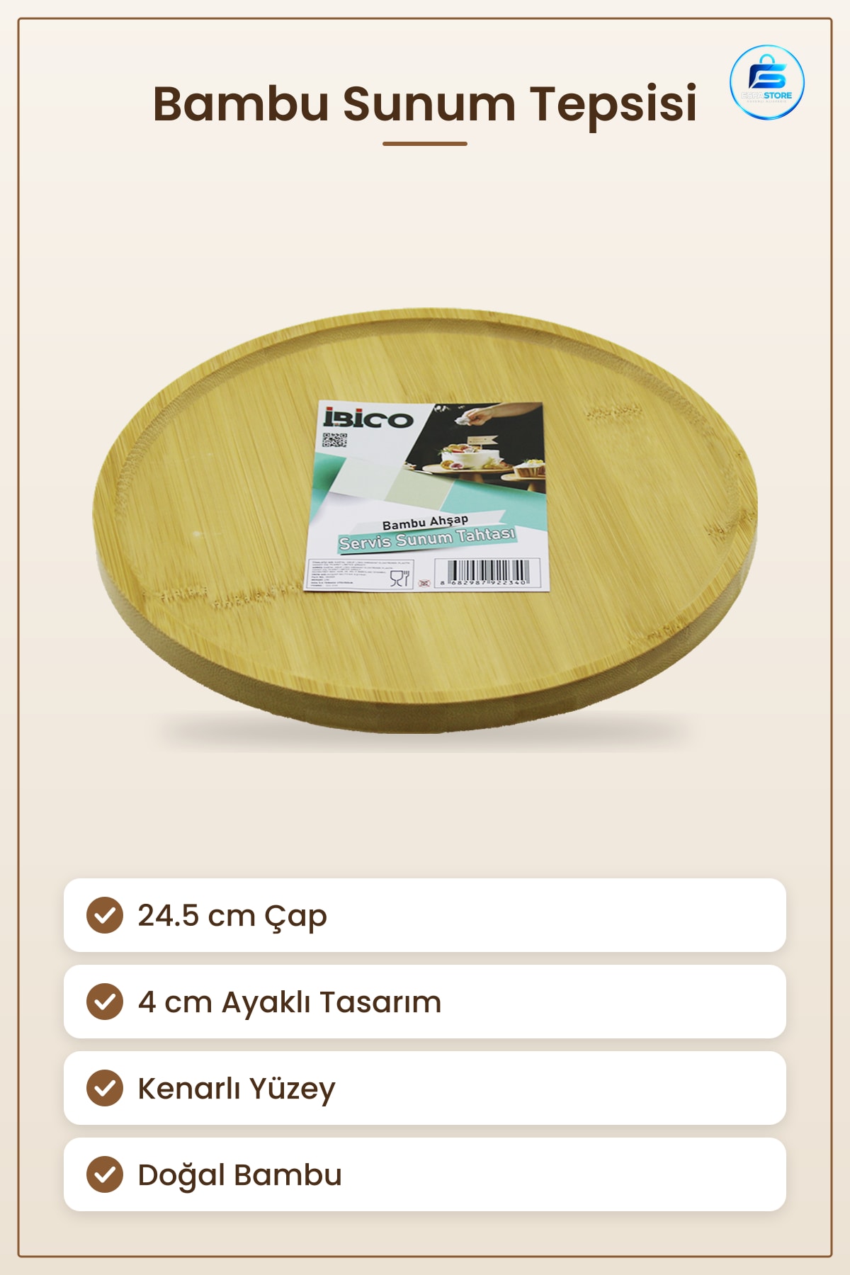 Bambu Yuvarlak Sunum Tepsisi 24.5 cm Ayaklı Kenarlı Servis Tablaı Çay Kahve Peynir Tatlı Kahvaltı