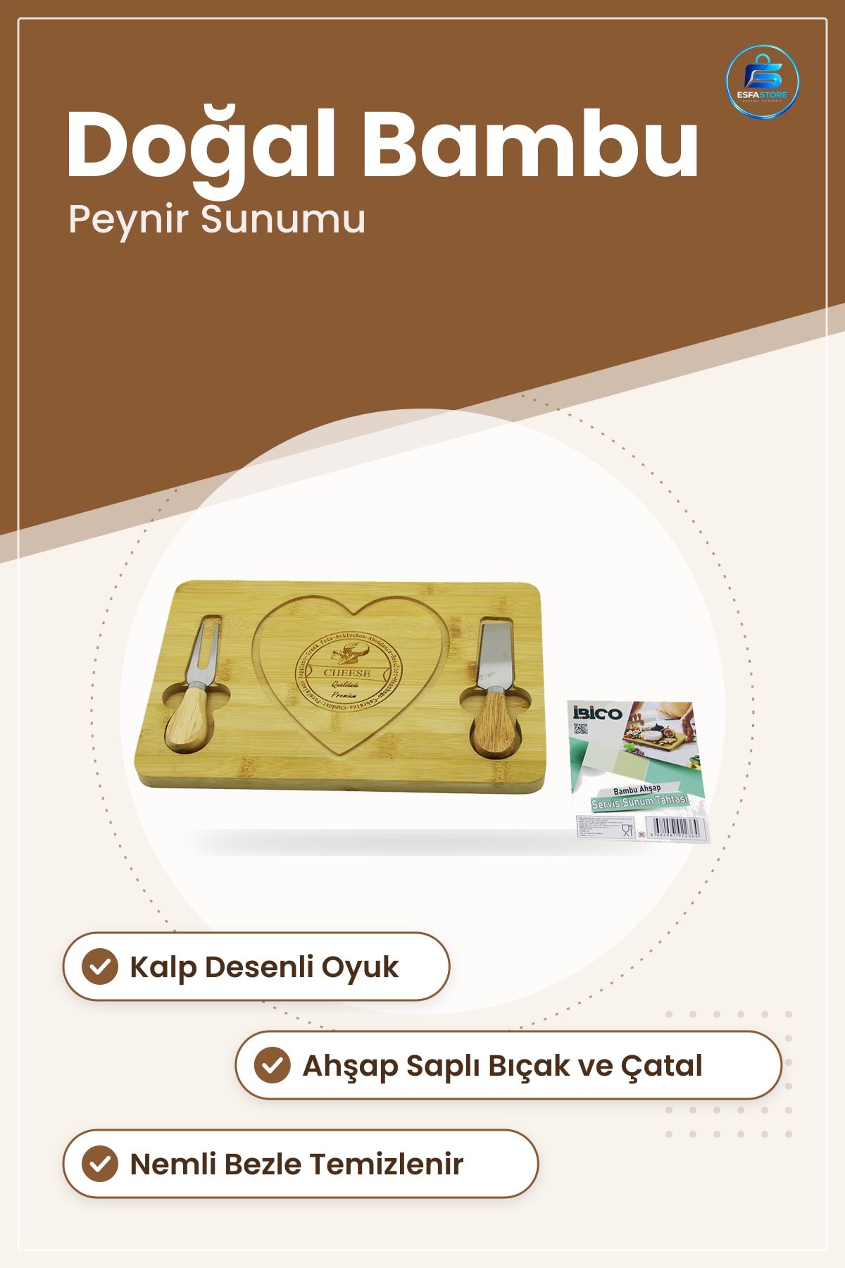 Bambu Kesme Tahtası Peynir Sunum Panosu Ahşap Saplı Bıçaklı Kahvaltı Servis Seti Mutfak Doğal