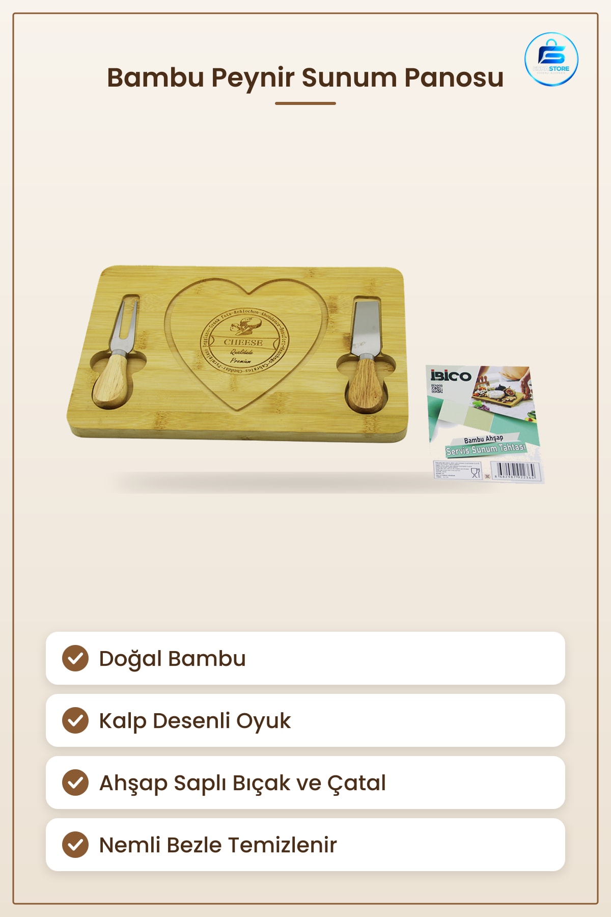 Bambu Kesme Tahtası Peynir Sunum Panosu Ahşap Saplı Bıçaklı Kahvaltı Servis Seti Mutfak Doğal